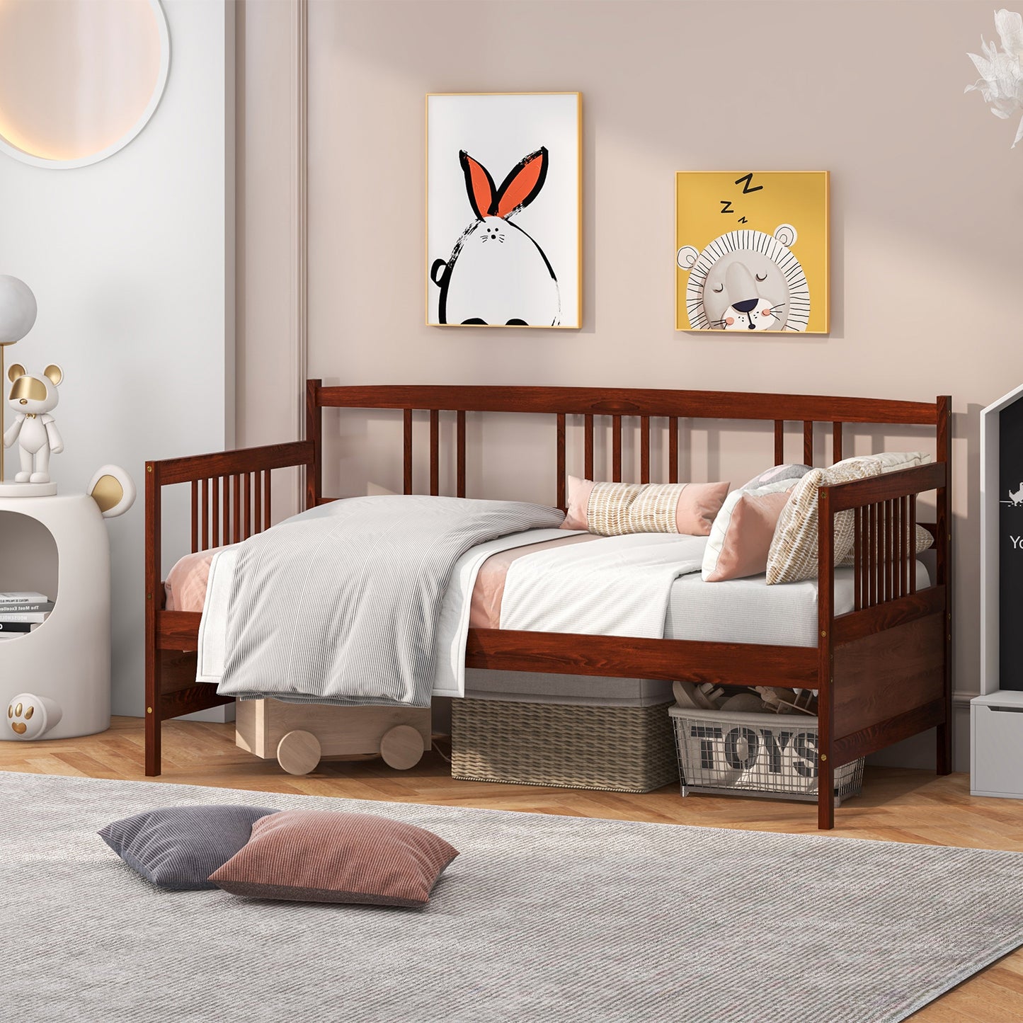 SPECIAL, Twin Size Wooden Slats Daybed Bed with Rails-Cherry, 1 box, unassembled