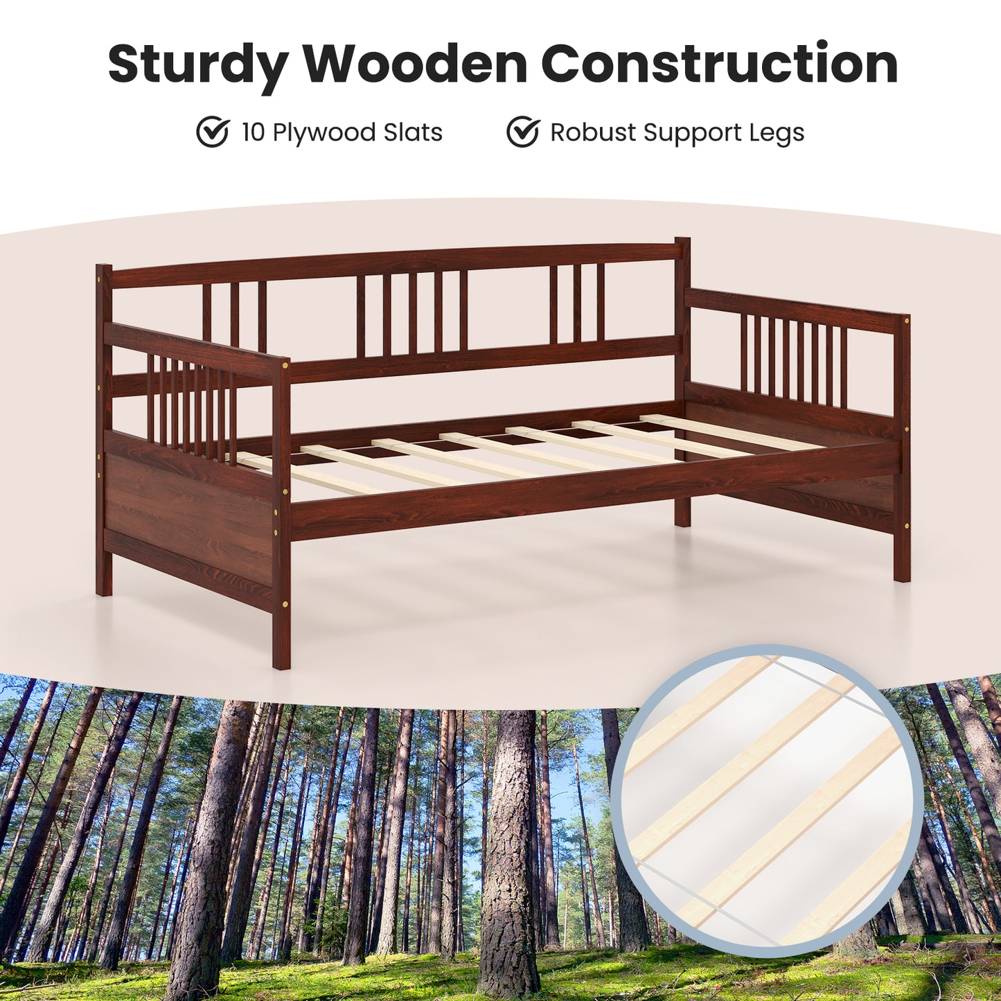 SPECIAL, Twin Size Wooden Slats Daybed Bed with Rails-Cherry, 1 box, unassembled