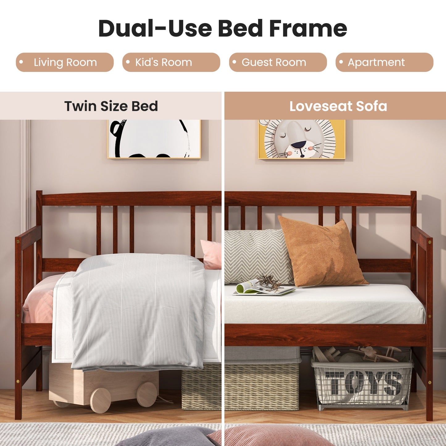 SPECIAL, Twin Size Wooden Slats Daybed Bed with Rails-Cherry, 1 box, unassembled