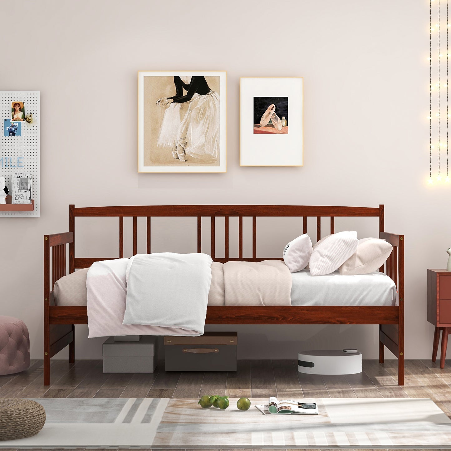 SPECIAL, Twin Size Wooden Slats Daybed Bed with Rails-Cherry, 1 box, unassembled