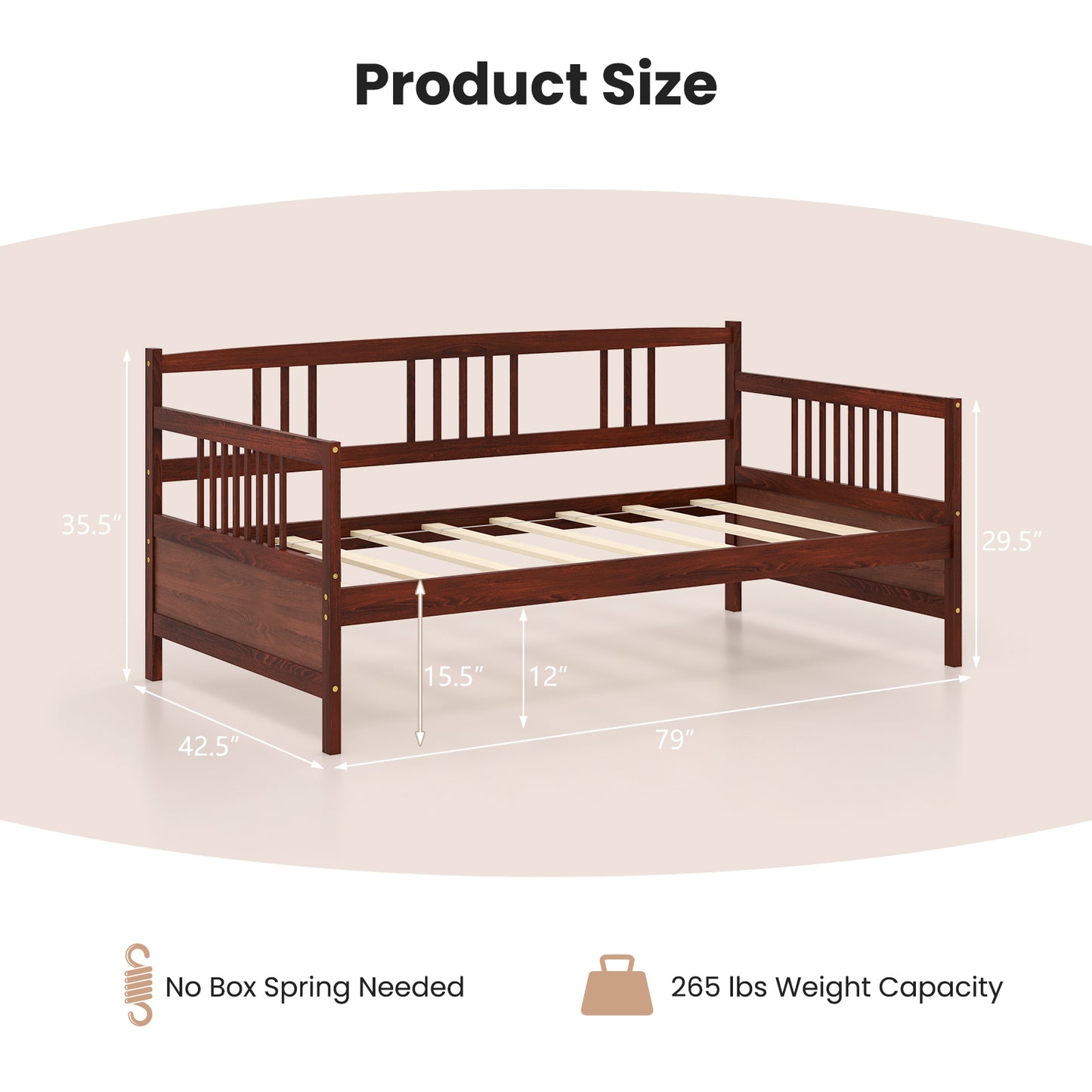 SPECIAL, Twin Size Wooden Slats Daybed Bed with Rails-Cherry, 1 box, unassembled