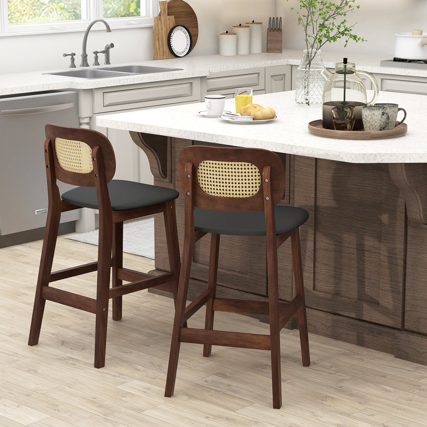 2 Piece Set, 25`` Wood Counter Chairs-Brown/ Black seat, fully assembled