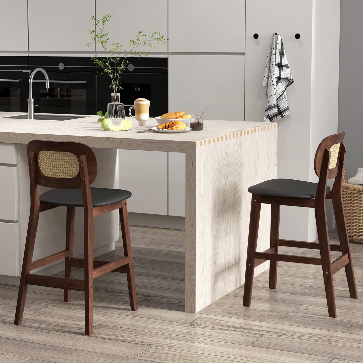 2 Piece Set, 25`` Wood Counter Chairs-Brown/ Black seat, fully assembled