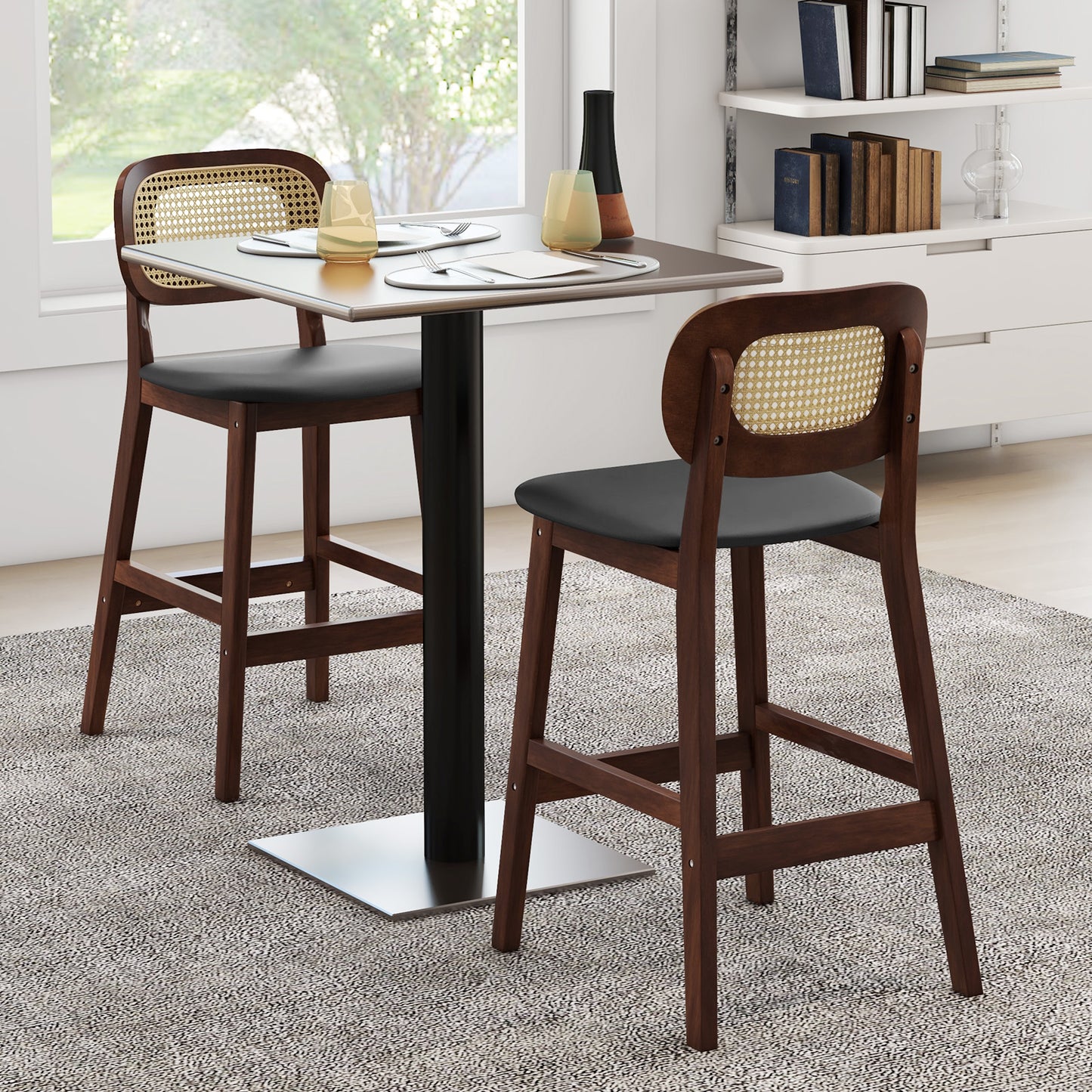 2 Piece Set, 25`` Wood Counter Chairs-Brown/ Black seat, fully assembled