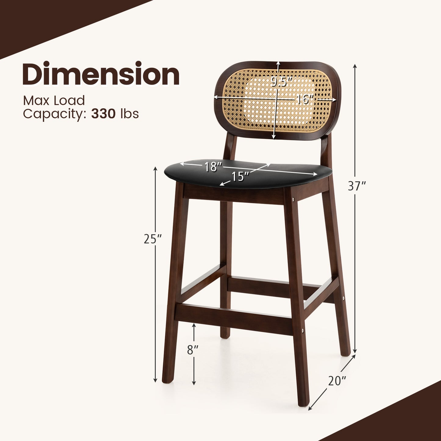 2 Piece Set, 25`` Wood Counter Chairs-Brown/ Black seat, fully assembled