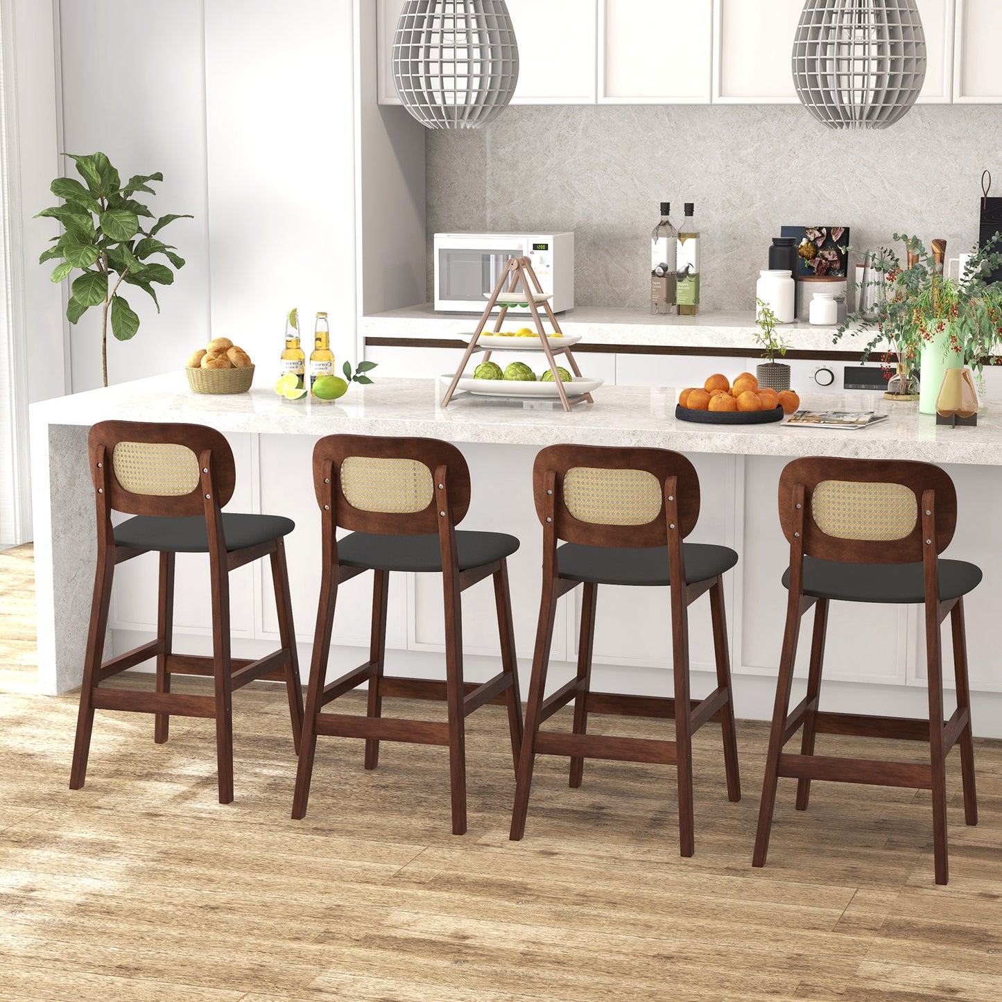 2 Piece Set, 25`` Wood Counter Chairs-Brown/ Black seat, fully assembled