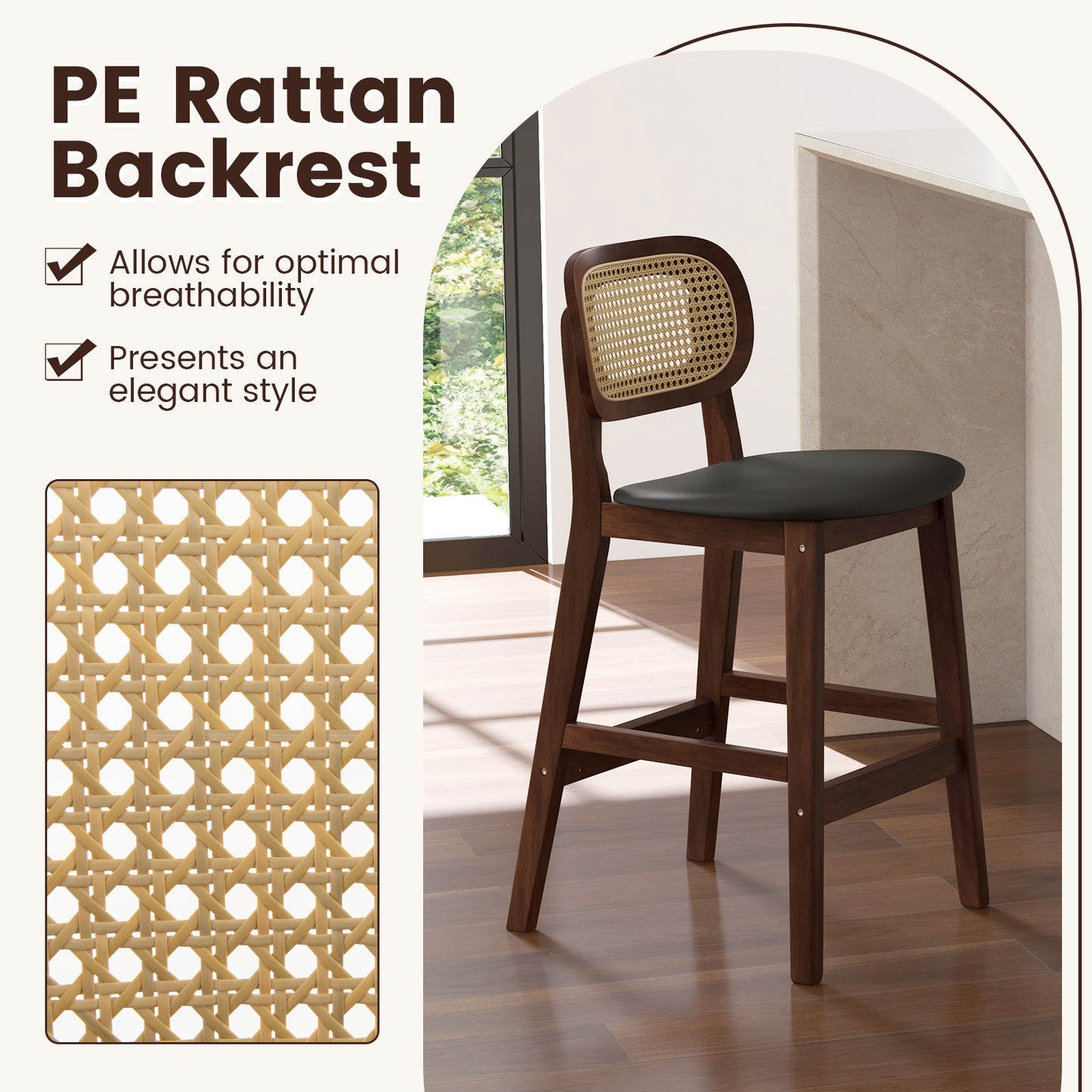 2 Piece Set, 25`` Wood Counter Chairs-Brown/ Black seat, fully assembled