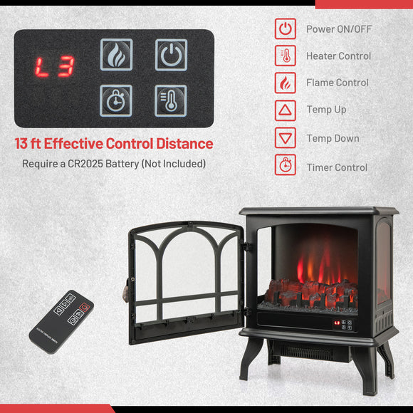 1400W Electric Stove Heater with 3-Level Flame Effect and 3-Sided View-Black