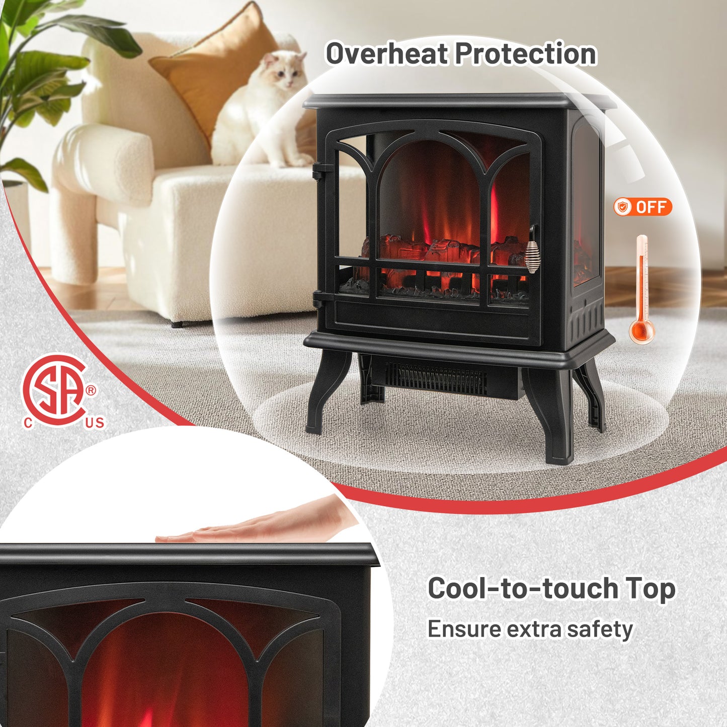 1400W Electric Stove Heater, Special, No  Remote,  3-Sided View-Black, assembled,