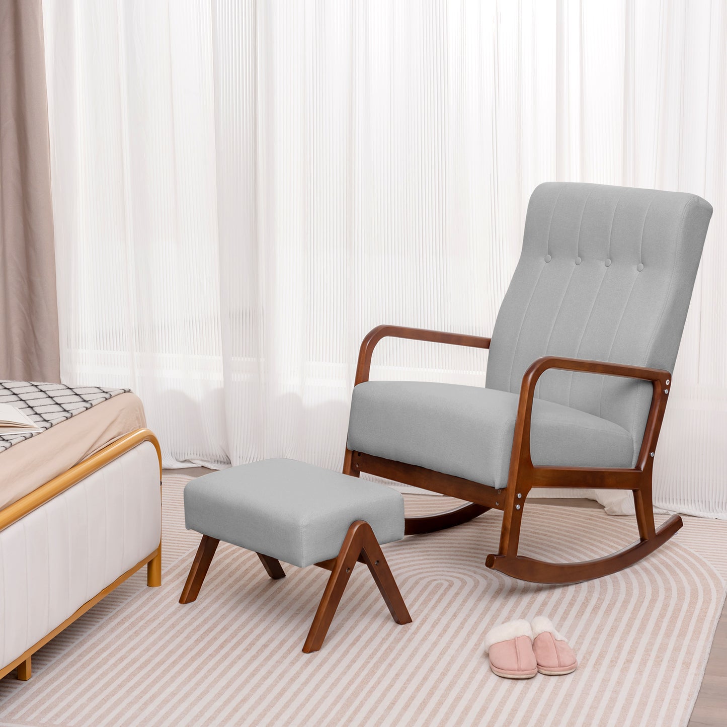 Rocking Chair with Ottoman and Padded Cushion, fully assembled