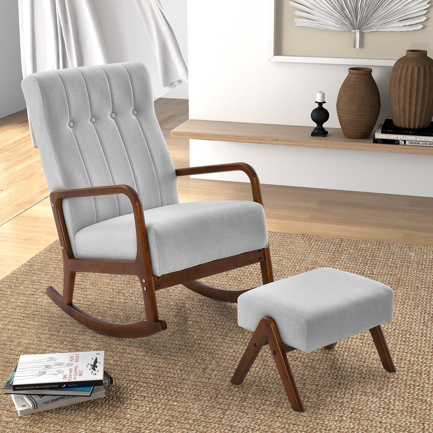 Rocking Chair with Ottoman and Padded Cushion, fully assembled
