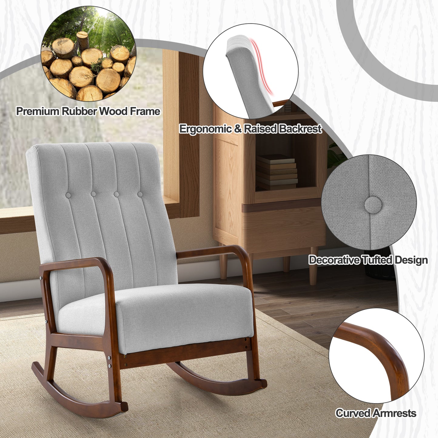 Rocking Chair with Ottoman and Padded Cushion, fully assembled