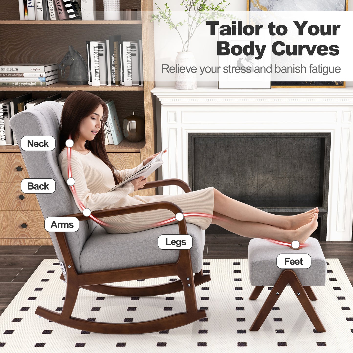 Rocking Chair with Ottoman and Padded Cushion, fully assembled