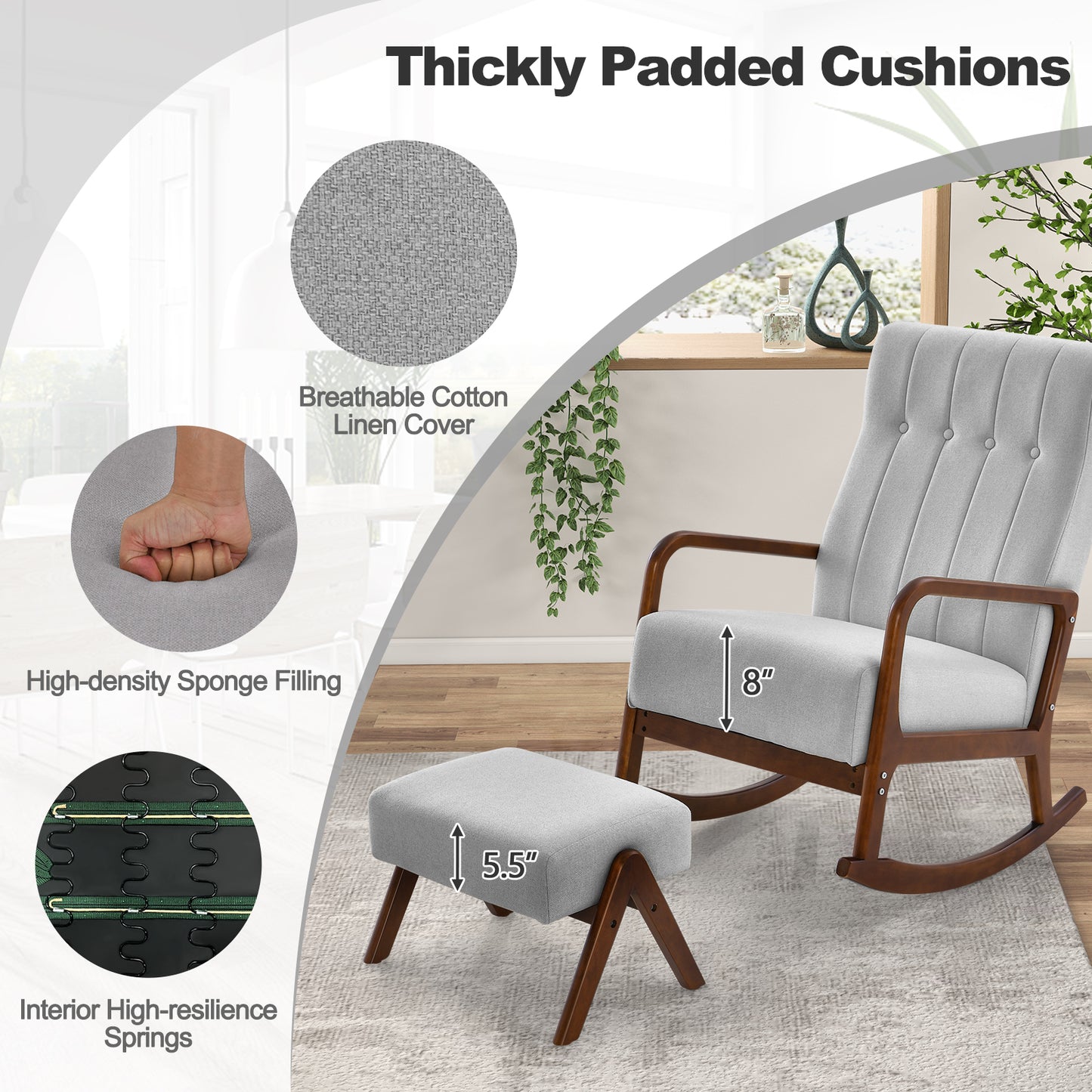 Rocking Chair with Ottoman and Padded Cushion, fully assembled