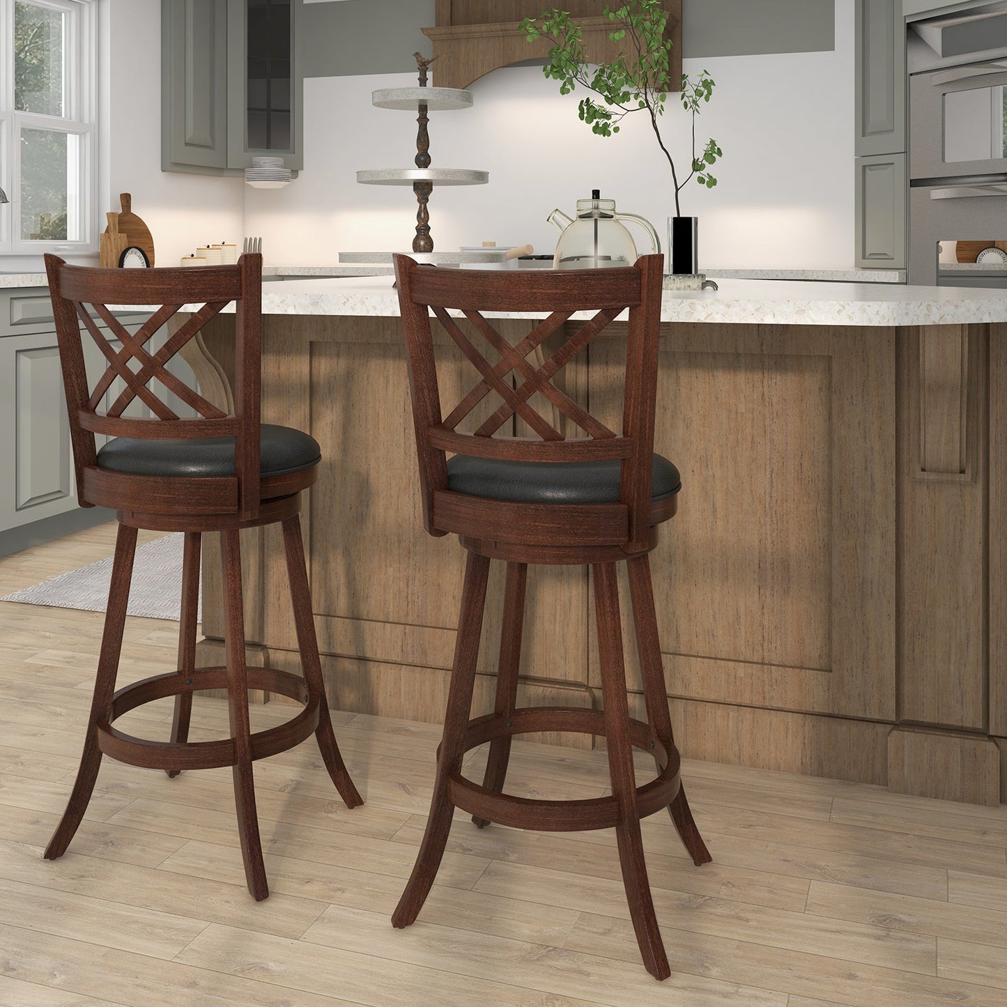 360° Swivel Upholstered Barstools Set of 2 with Back and Footrest-29 inches (Fully Assembled)