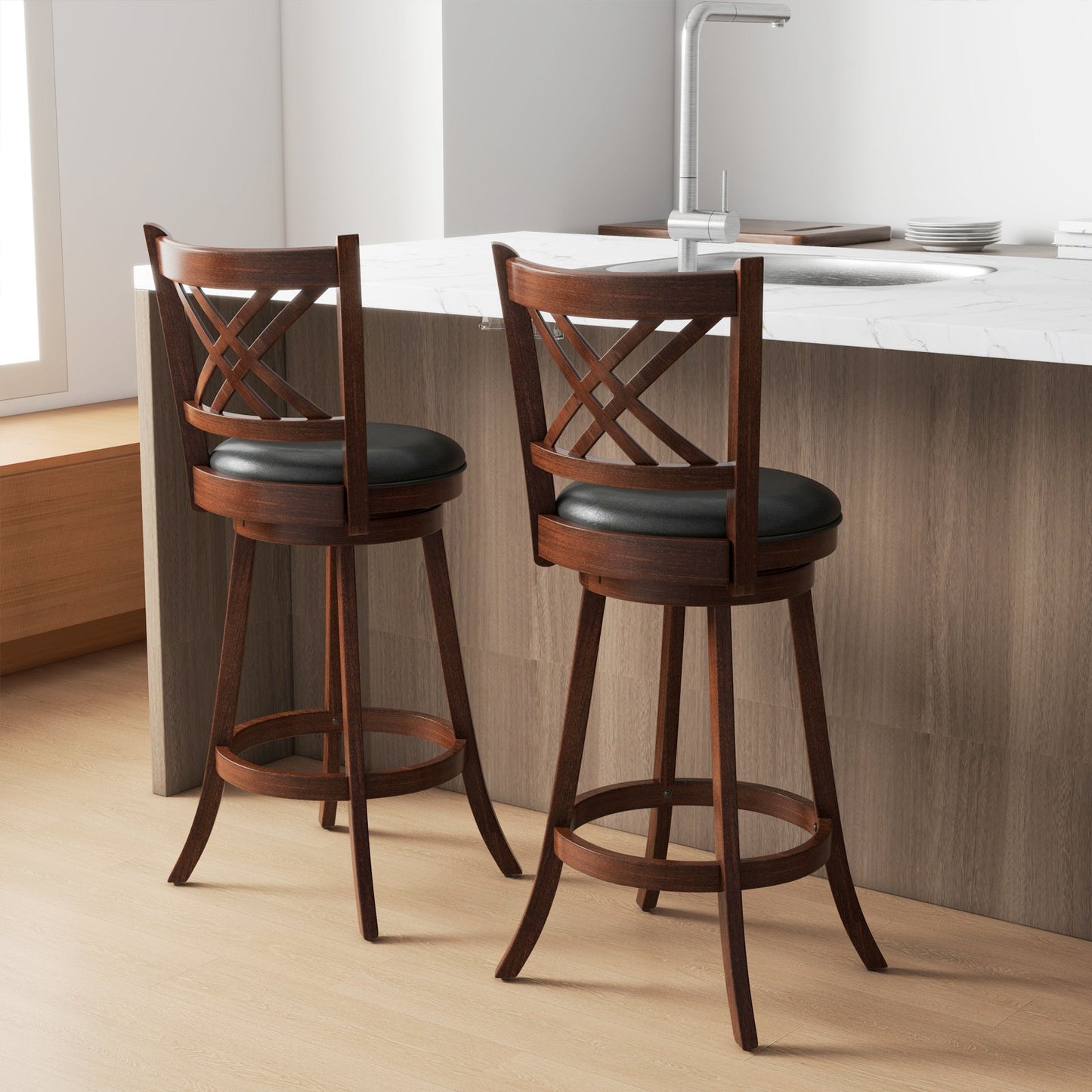 360° Swivel Upholstered Barstools Set of 2 with Back and Footrest-29 inches (Fully Assembled)
