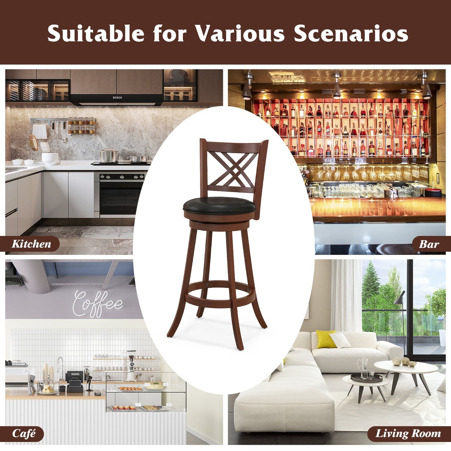 360° Swivel Upholstered Barstools Set of 2 with Back and Footrest-29 inches (Fully Assembled)