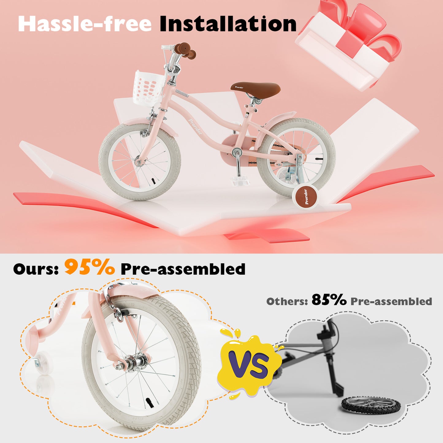 14 Inch Kid's Bike with Removable Training Wheels , OUR BASKET IS BROWN, Pink (ASSEMBLED)