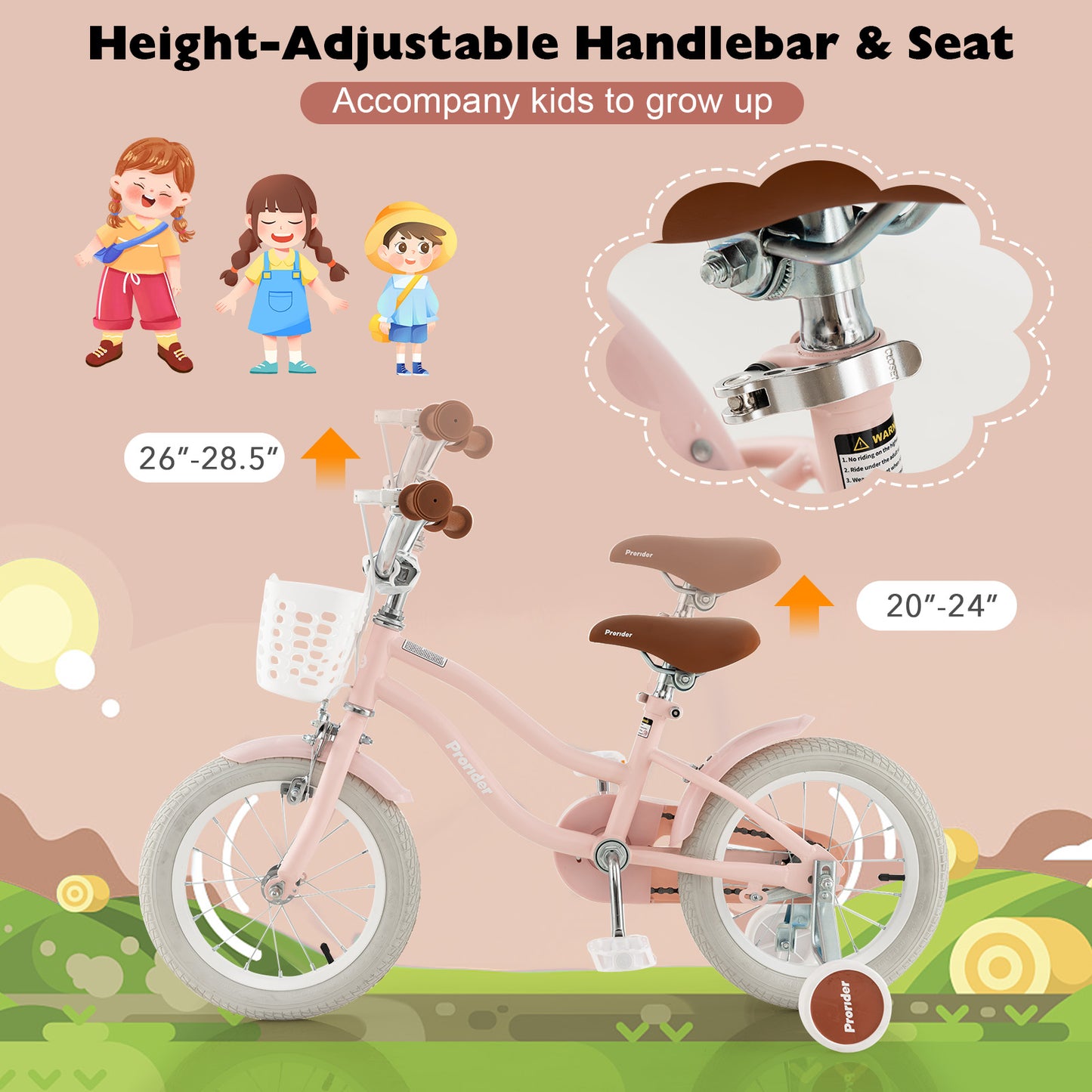 14 Inch Kid's Bike with Removable Training Wheels , OUR BASKET IS BROWN, Pink (ASSEMBLED)