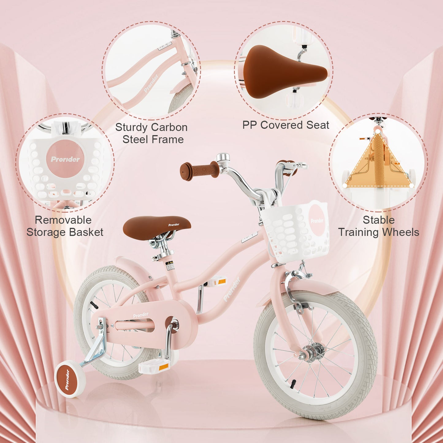 14 Inch Kid's Bike with Removable Training Wheels , OUR BASKET IS BROWN, Pink (ASSEMBLED)