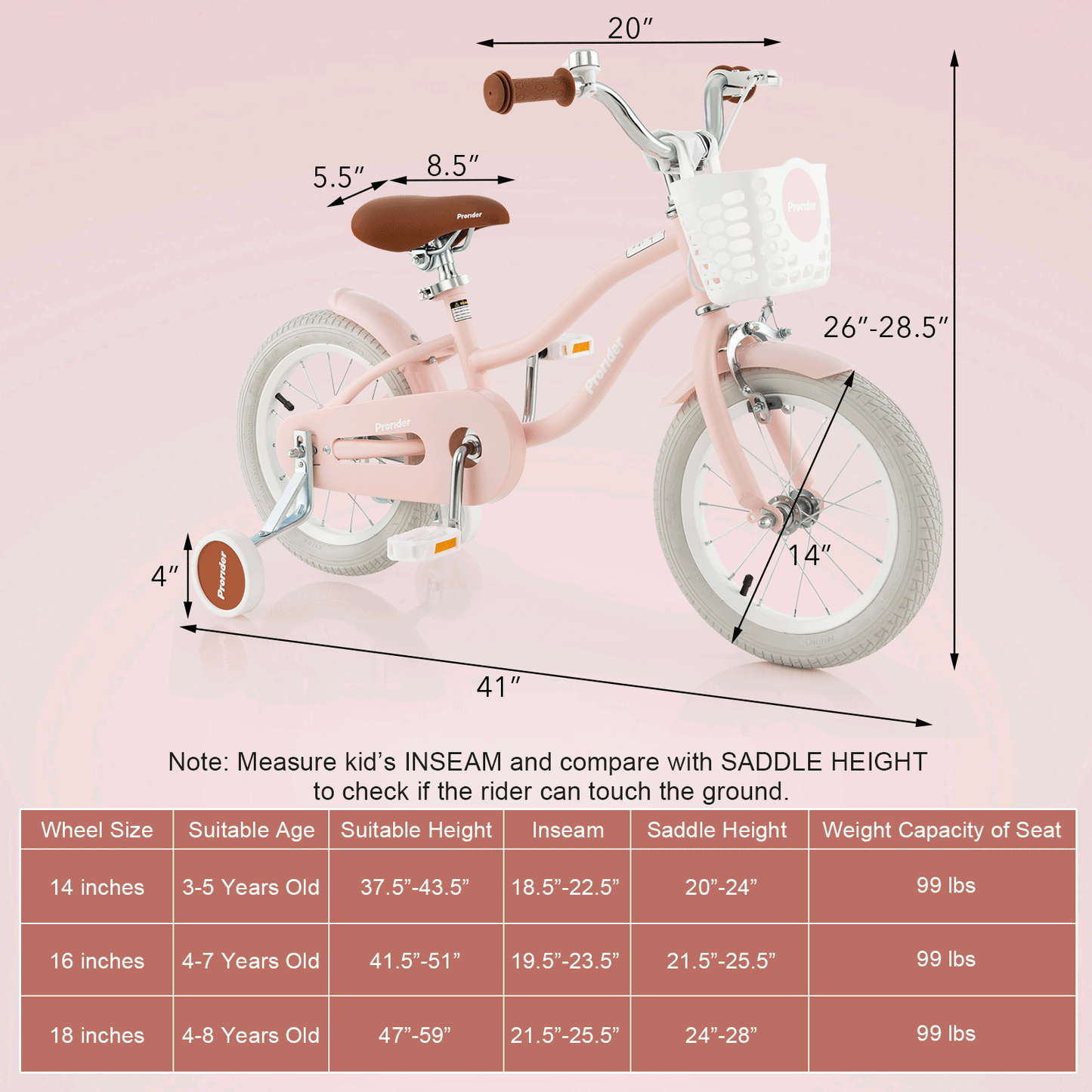 14 Inch Kid's Bike with Removable Training Wheels , OUR BASKET IS BROWN, Pink (ASSEMBLED)