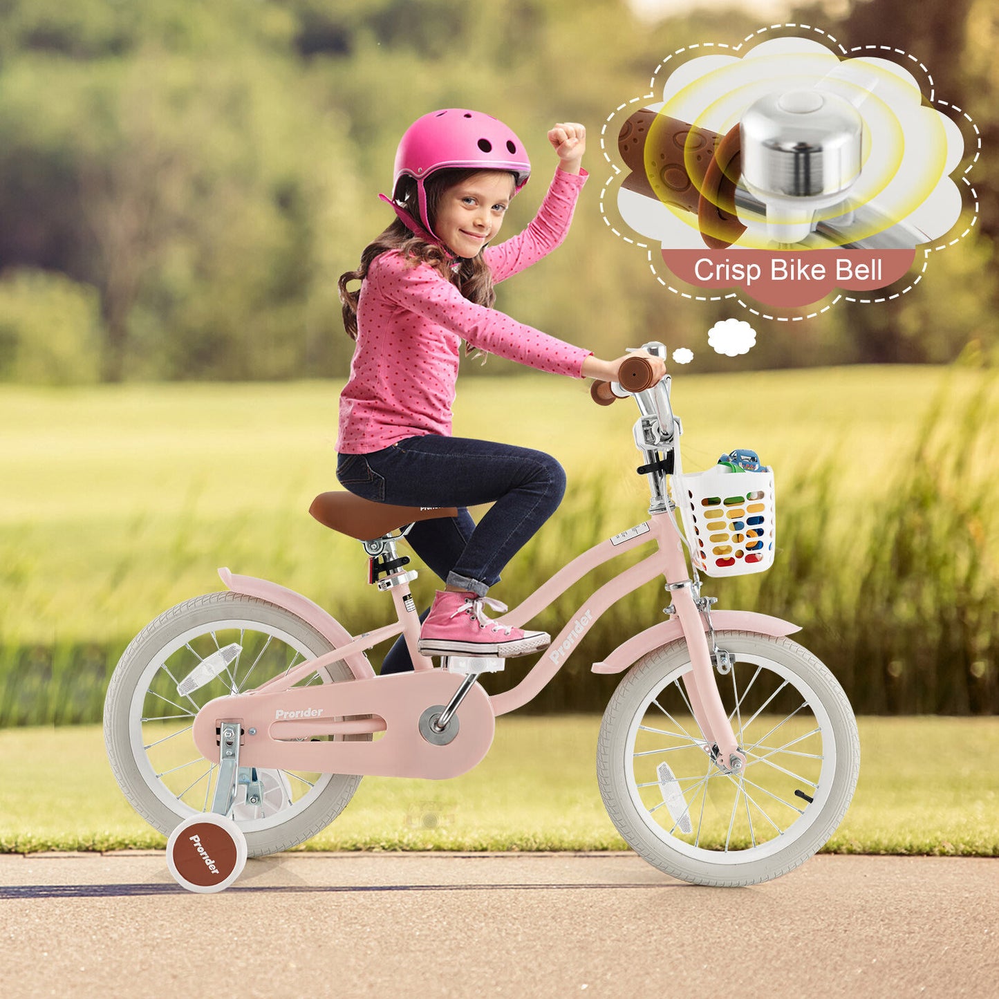 16 Inch Kids Bike with Front Handbrake and 2 Training Wheels-Pink, fully assembled