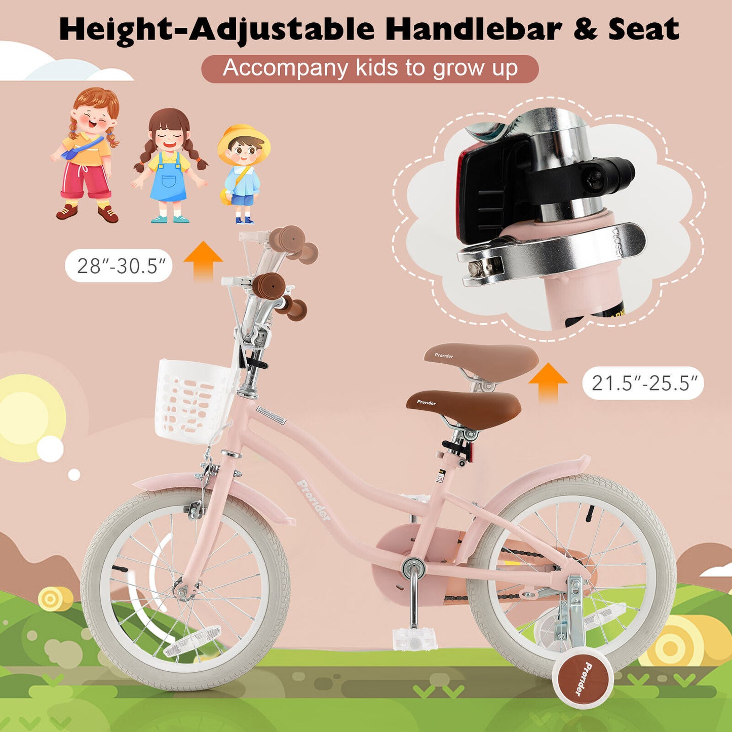 16 Inch Kids Bike with Front Handbrake and 2 Training Wheels-Pink, fully assembled