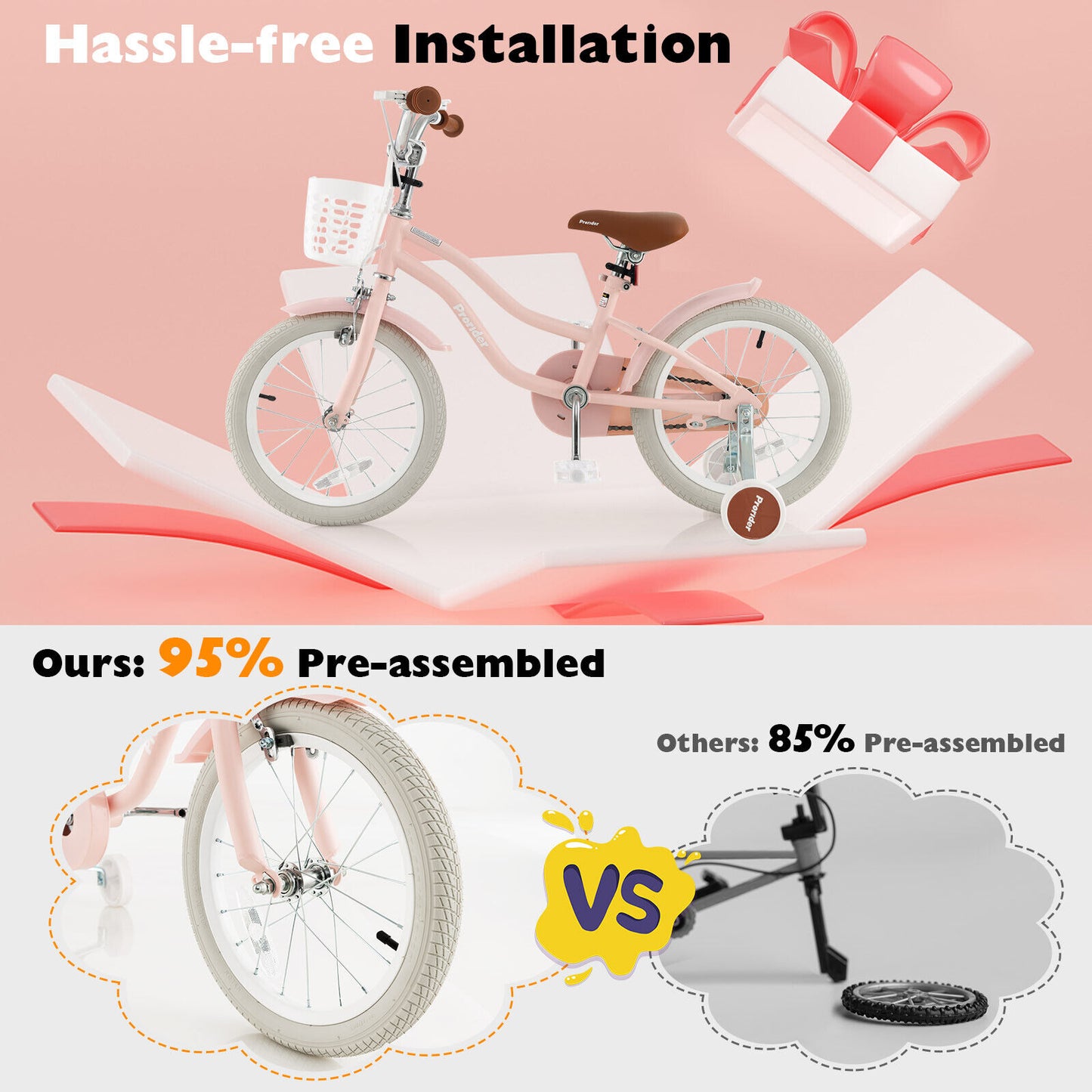 16 Inch Kids Bike with Front Handbrake and 2 Training Wheels-Pink, fully assembled