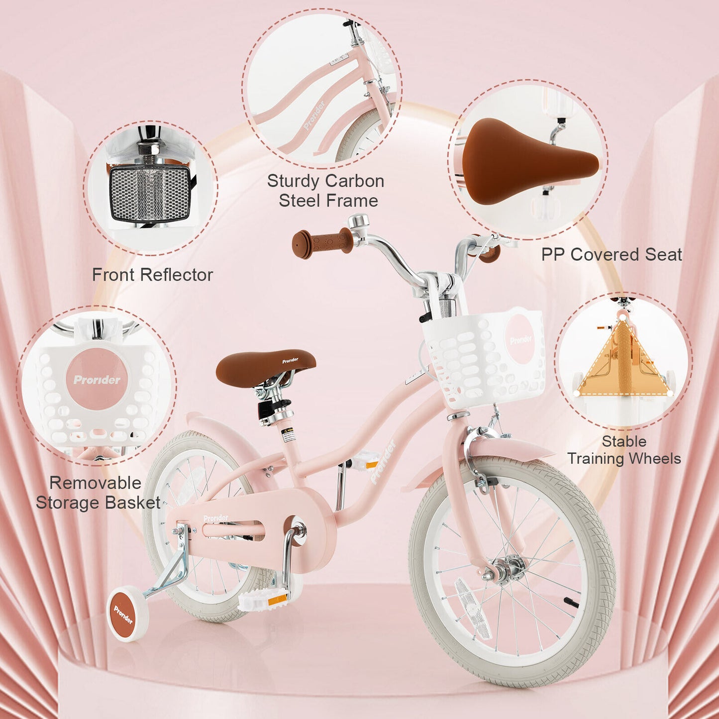 16 Inch Kids Bike with Front Handbrake and 2 Training Wheels-Pink, fully assembled