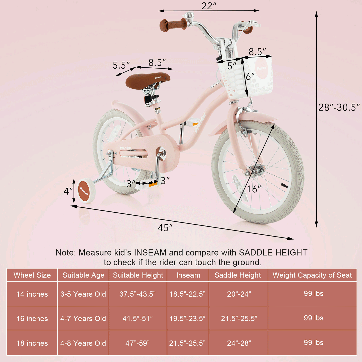 16 Inch Kids Bike with Front Handbrake and 2 Training Wheels-Pink, fully assembled