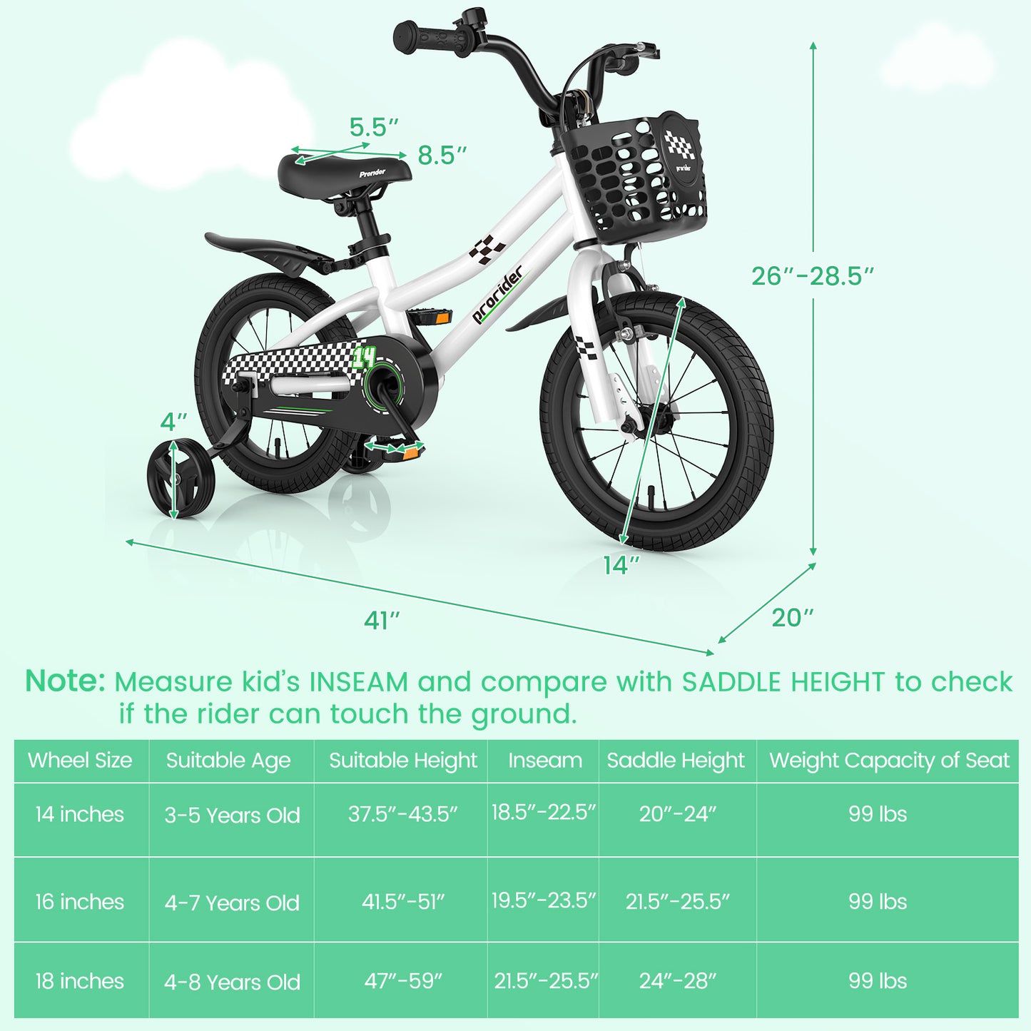 16 Inch Kids Bike with 2 Training Wheels for 3-5 Years Old-White  (Missing back Mud guard and bell)
