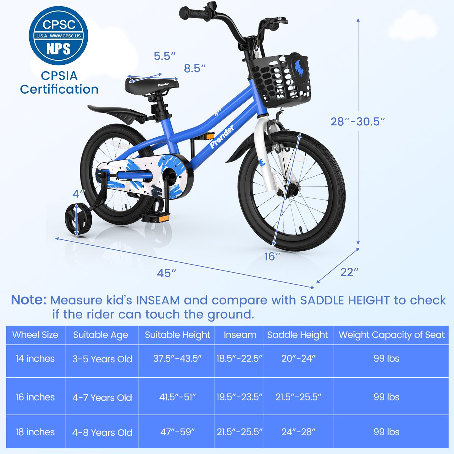 16 Inch Kids Bike with Removable Training Wheels-Blue, fully assembled, please see desc