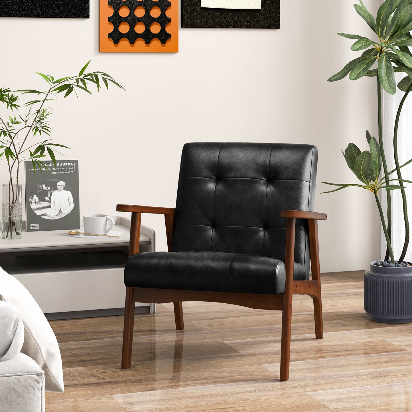 Mid Century Modern Accent Chair with Solid Rubber Wood Frame and Leather Cover-Black