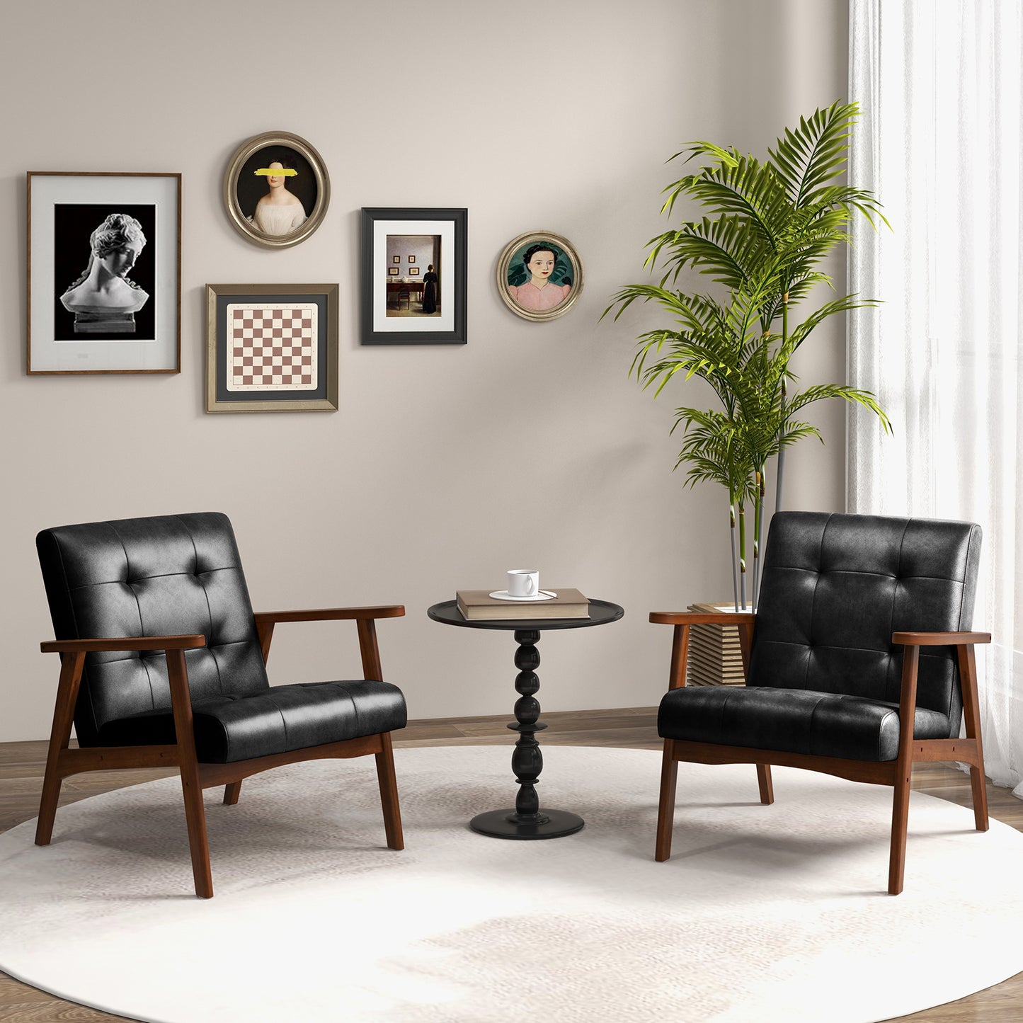 Mid Century Modern Accent Chair with Solid Rubber Wood Frame and Leather Cover-Black