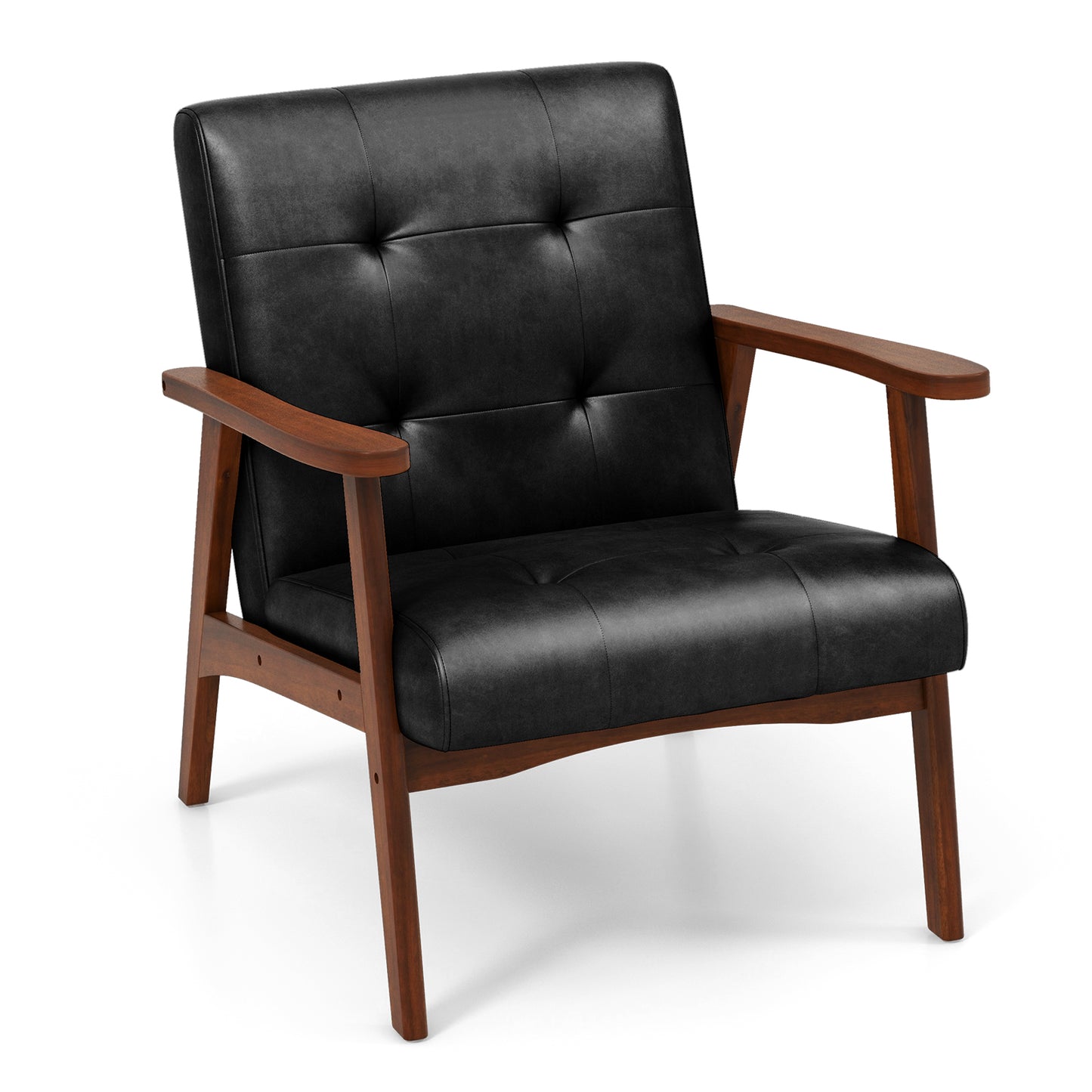 Mid Century Modern Accent Chair with Solid Rubber Wood Frame and Leather Cover-Black
