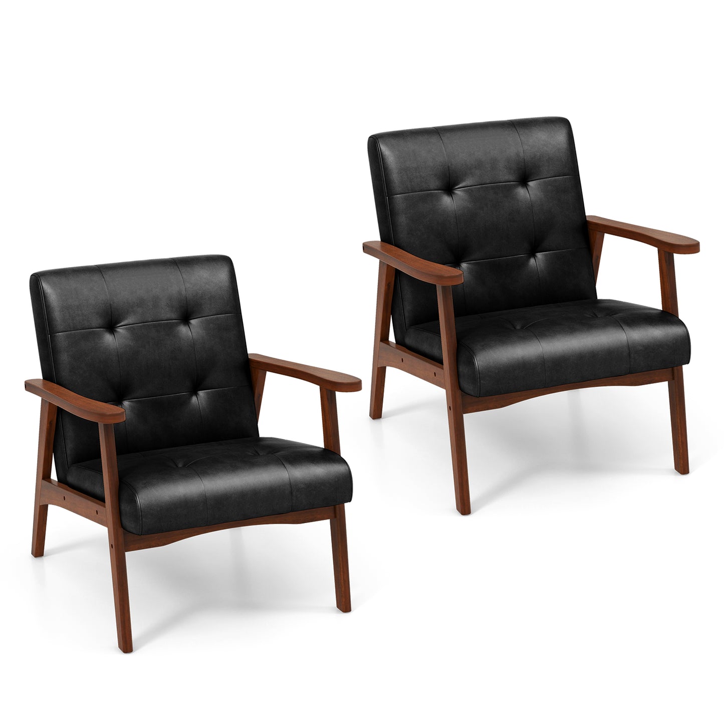 Mid Century Modern Accent Chair with Solid Rubber Wood Frame and Leather Cover-Black