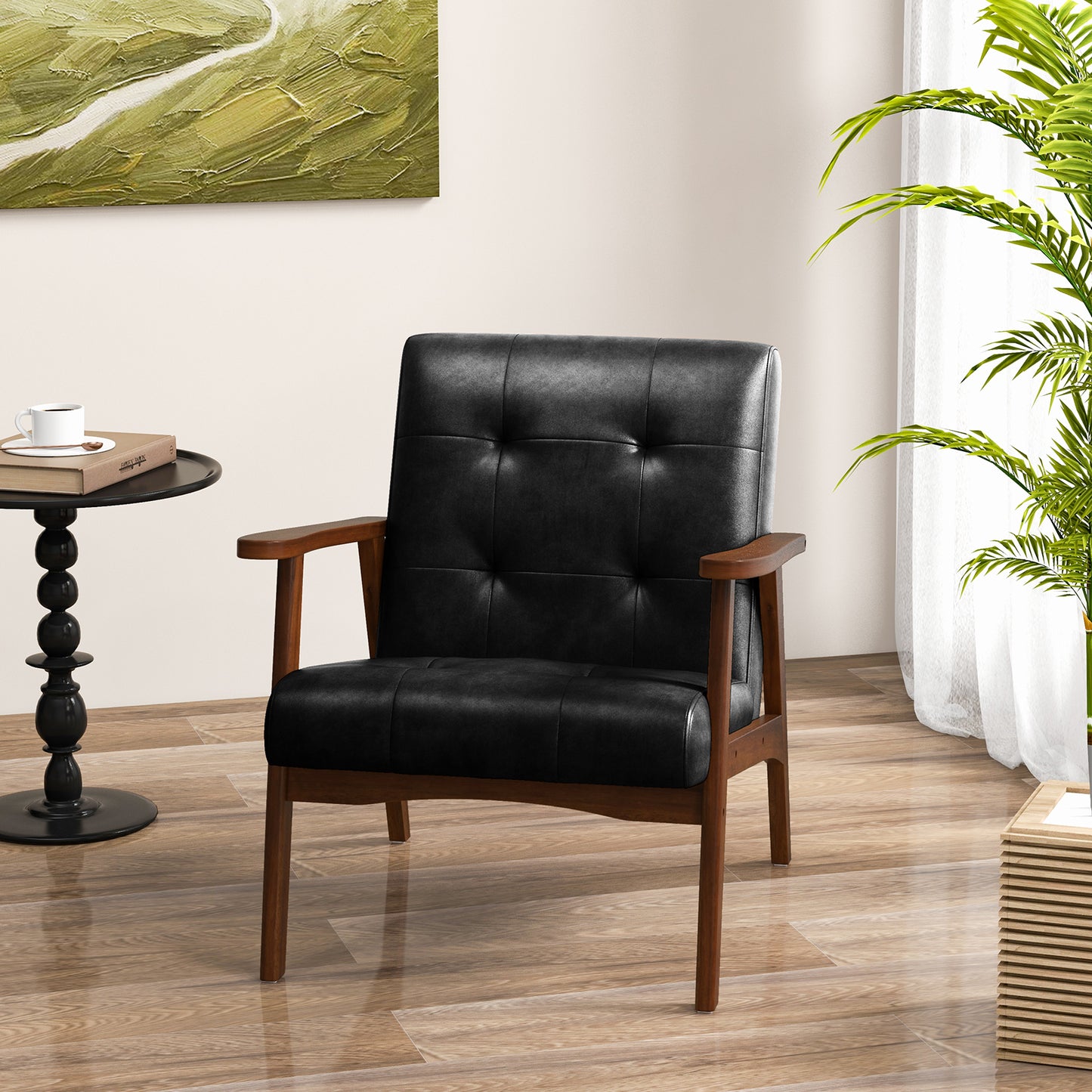 Mid Century Modern Accent Chair with Solid Rubber Wood Frame and Leather Cover-Black