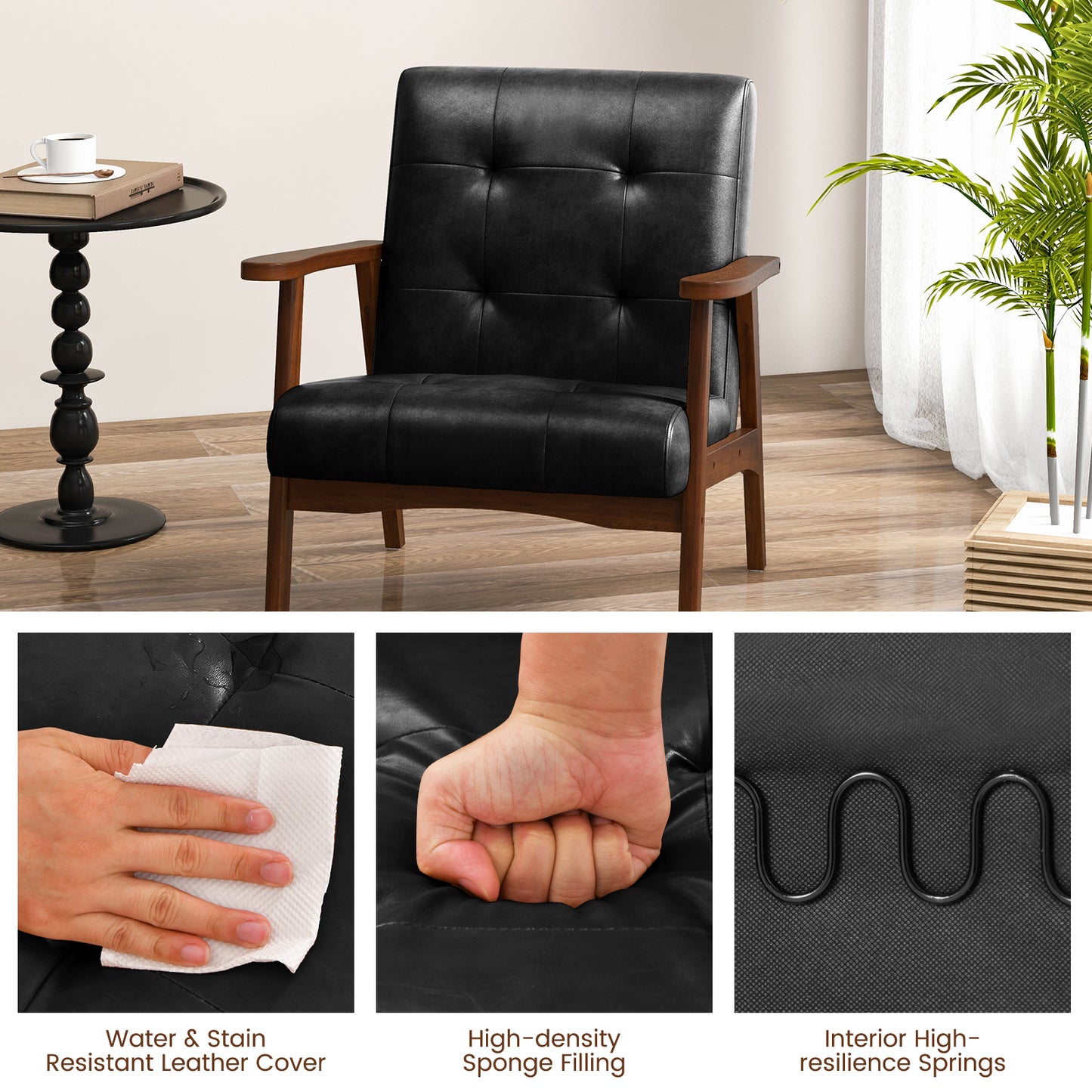 Mid Century Modern Accent Chair with Solid Rubber Wood Frame and Leather Cover-Black