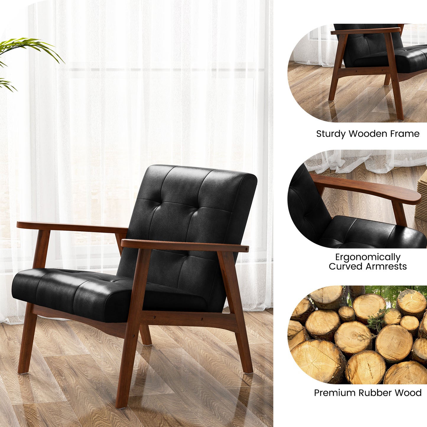Mid Century Modern Accent Chair with Solid Rubber Wood Frame and Leather Cover-Black