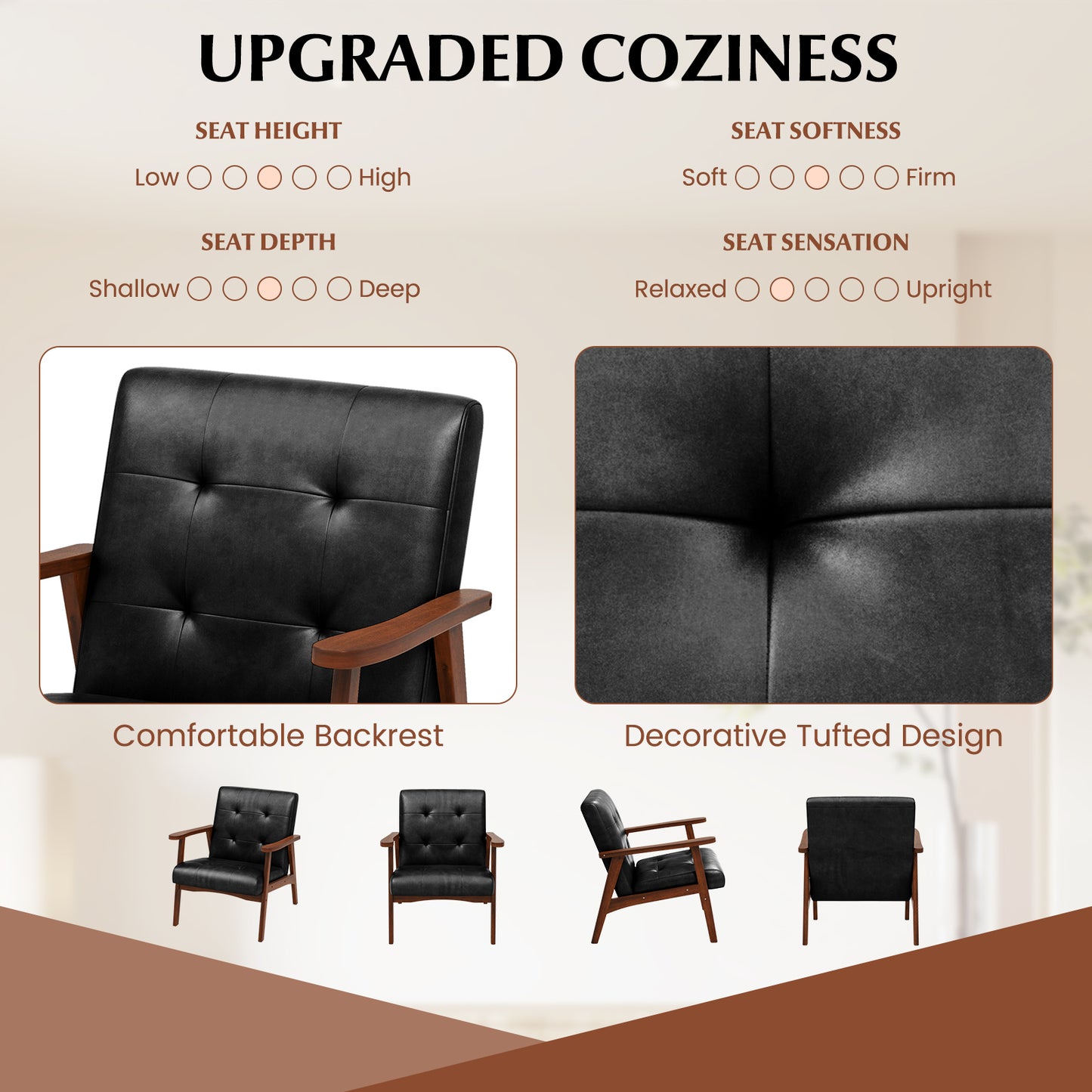 Mid Century Modern Accent Chair with Solid Rubber Wood Frame and Leather Cover-Black