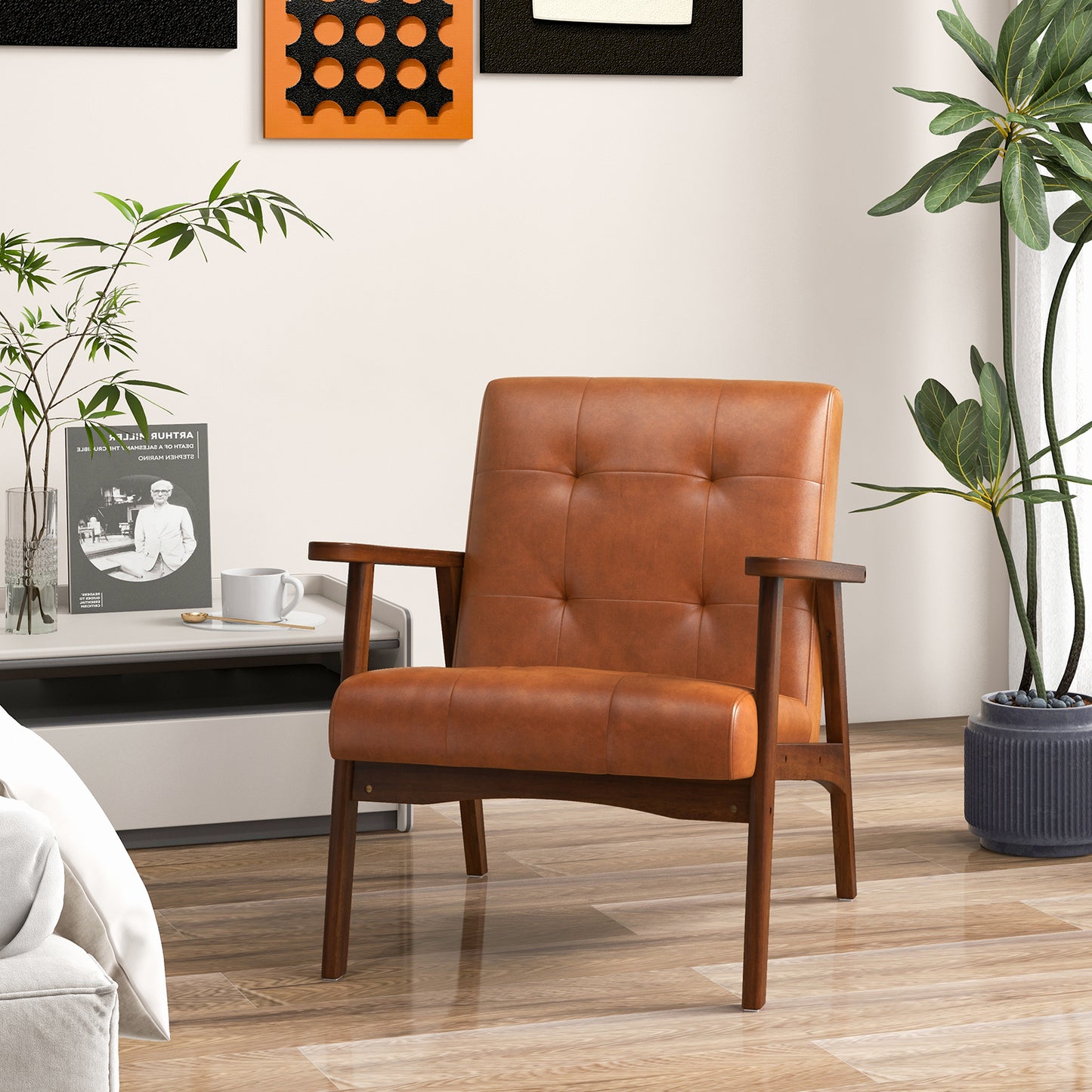 Mid Century Modern Accent Chair with Solid Rubber Wood Frame and Leather Cover-Black