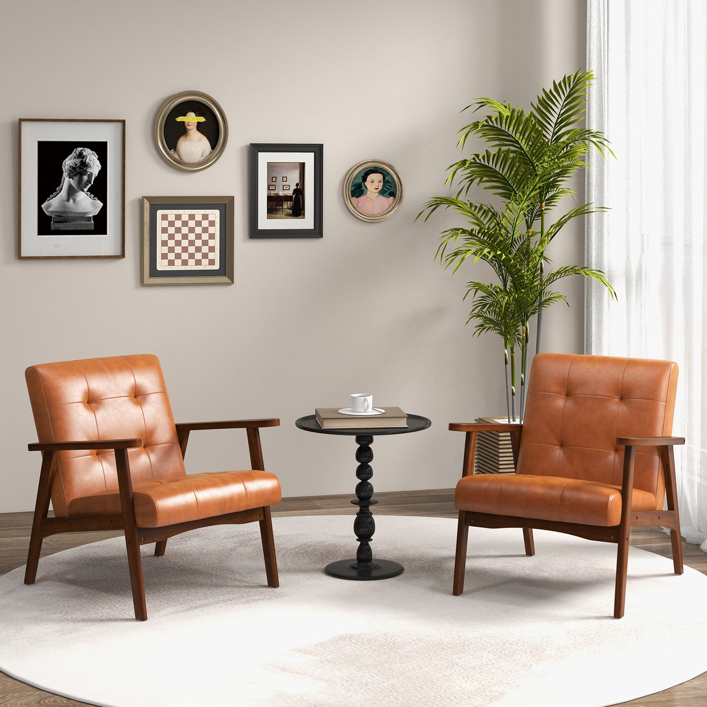 Mid Century Modern Accent Chair with Solid Rubber Wood Frame and Leather Cover-Black