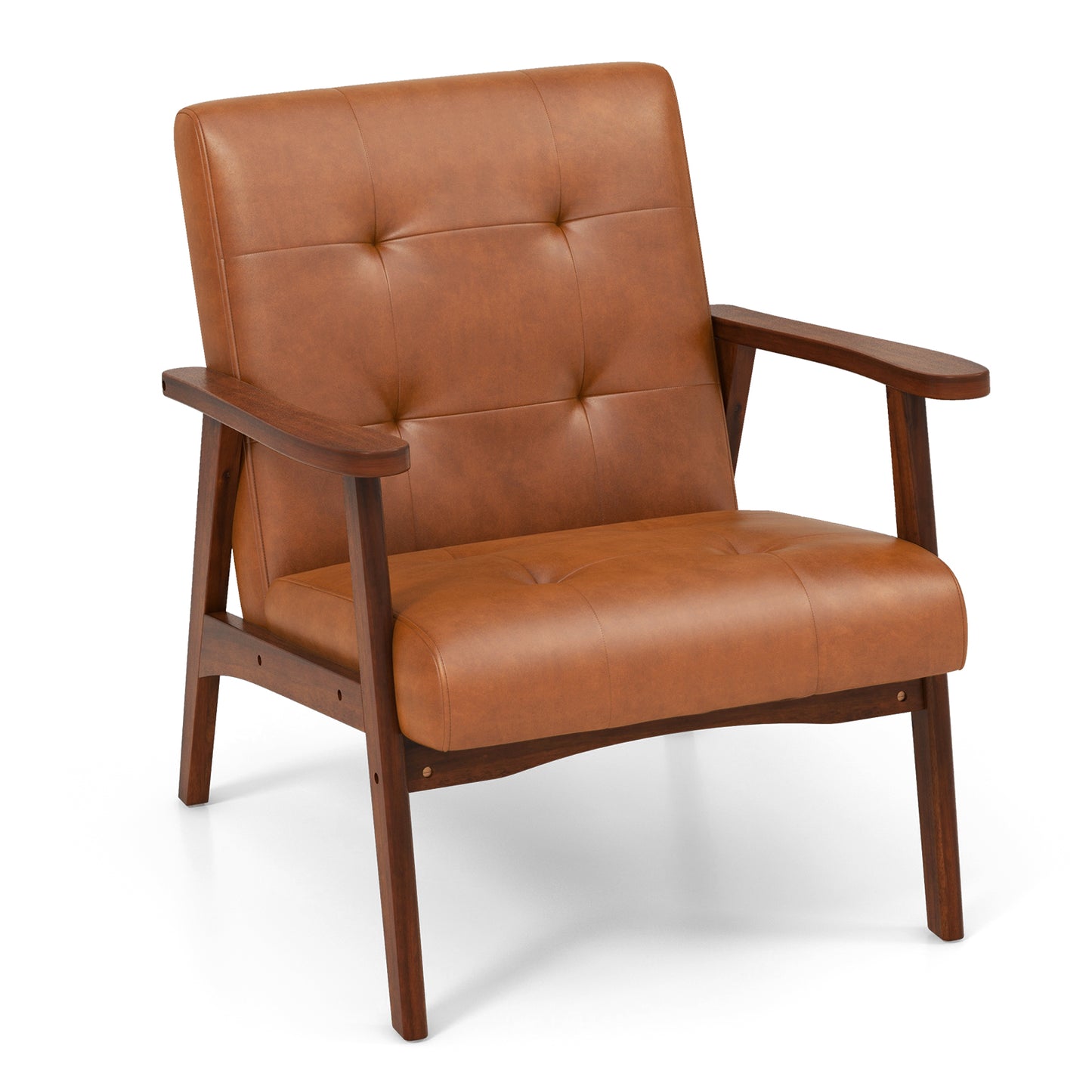 Mid Century Modern Accent Chair with Solid Rubber Wood Frame and Leather Cover-Black