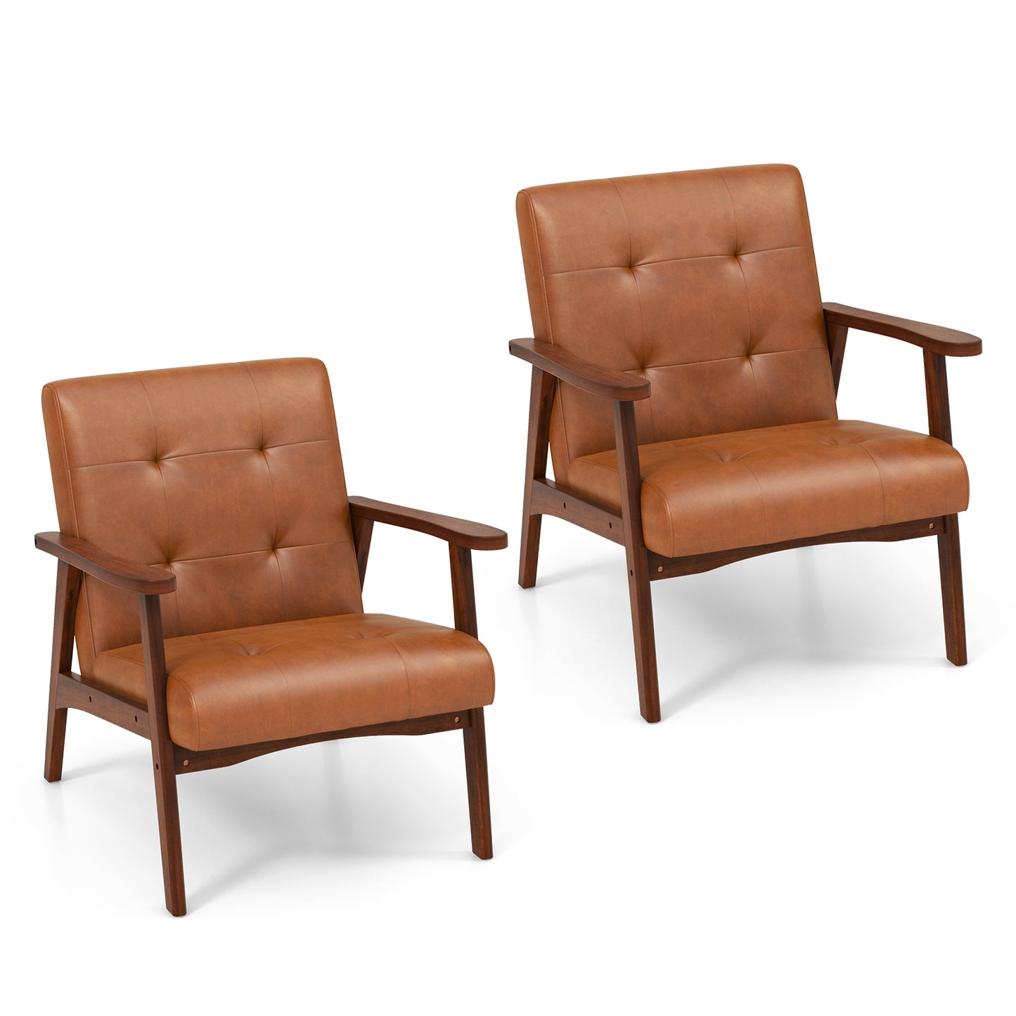 Mid Century Modern Accent Chair with Solid Rubber Wood Frame and Leather Cover-Black