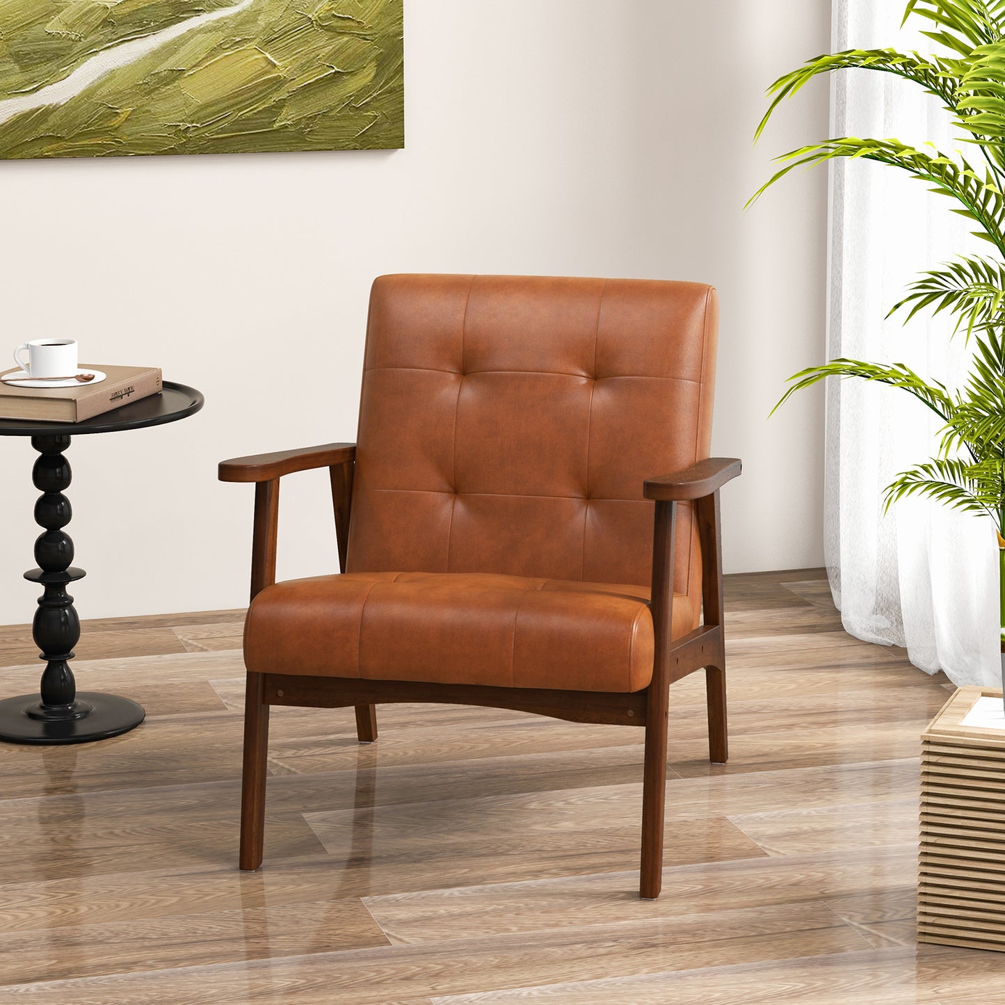 Mid Century Modern Accent Chair with Solid Rubber Wood Frame and Leather Cover-Black