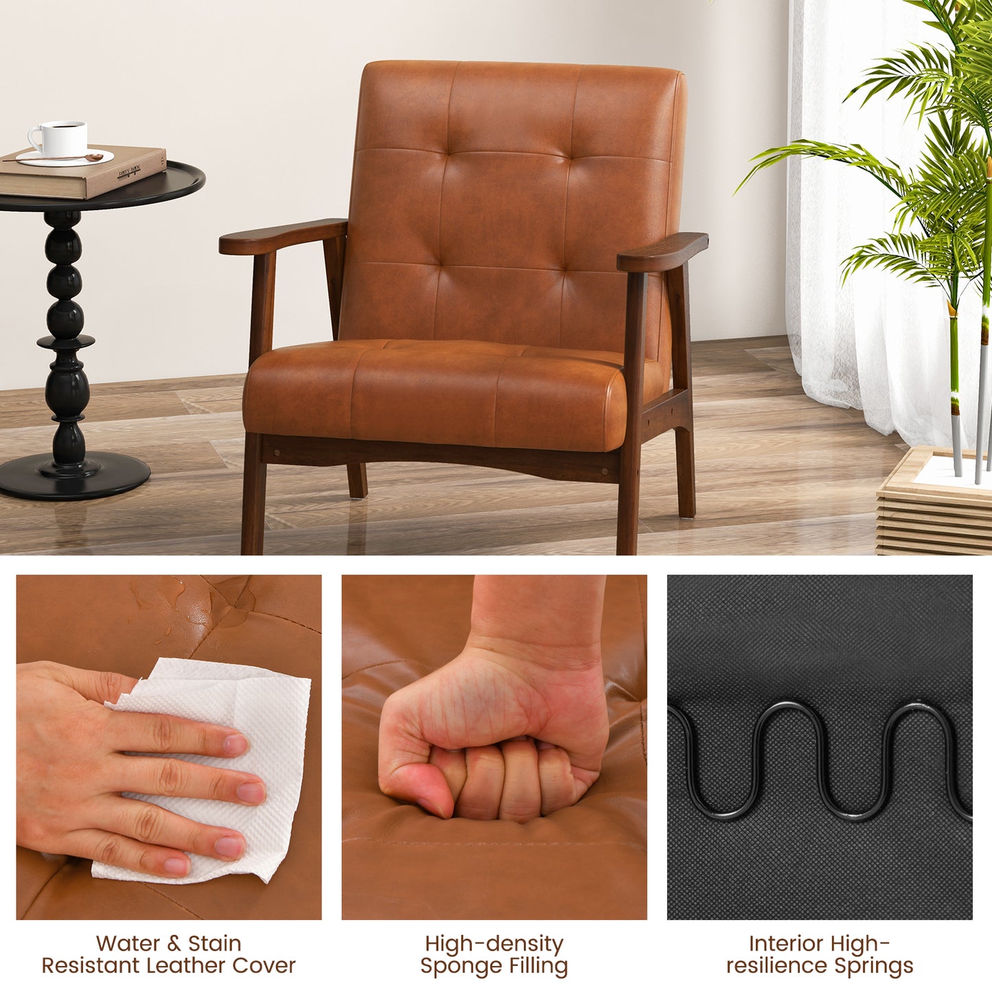 Mid Century Modern Accent Chair with Solid Rubber Wood Frame and Leather Cover-Black