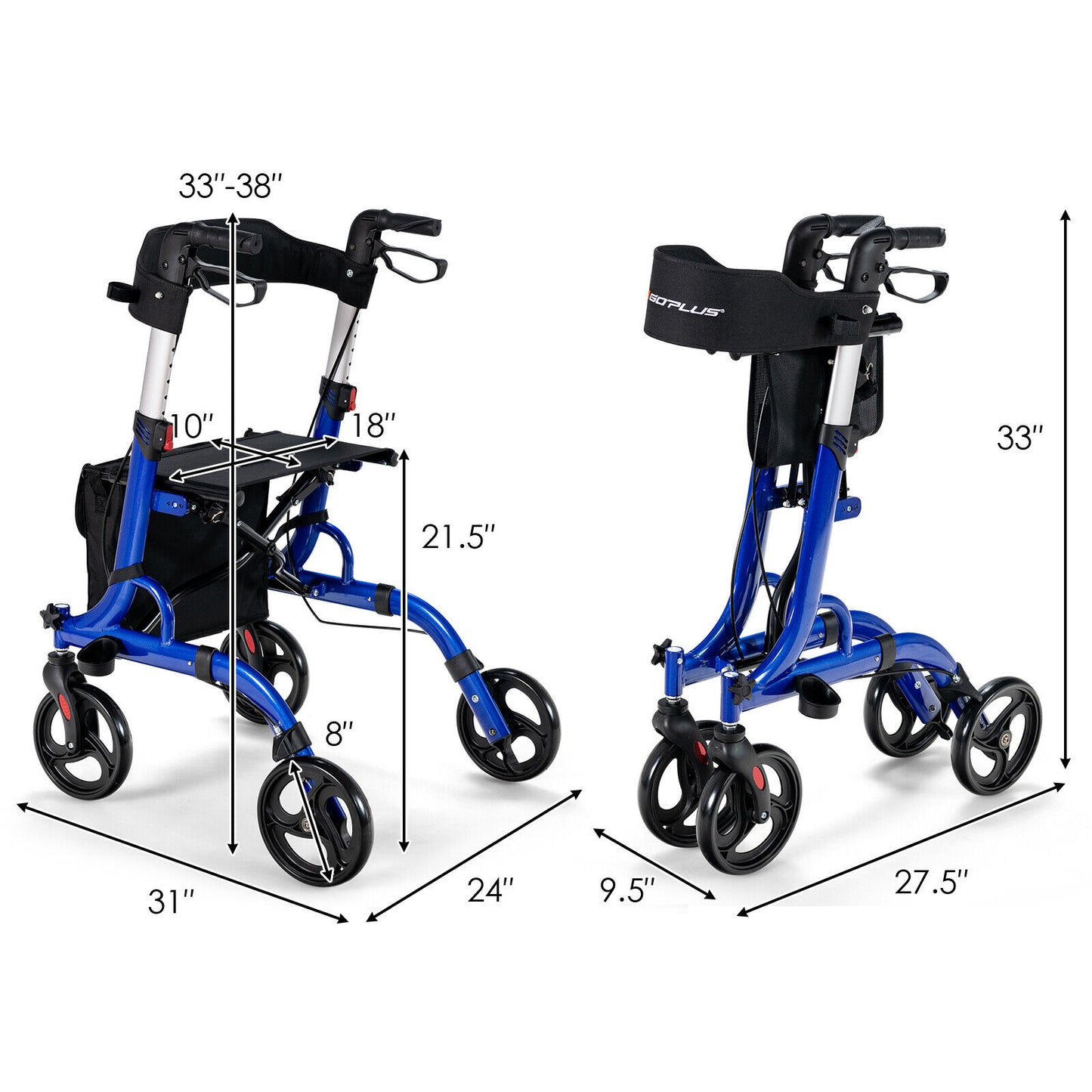 NO TAX, Folding Aluminum Rollator Walker with 8 inch Wheels and Seat-Blue