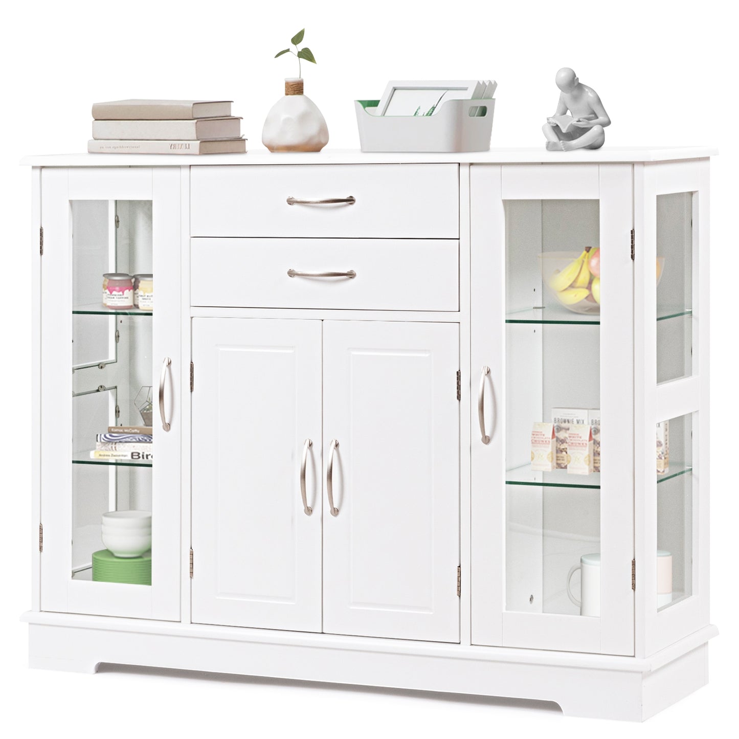 Sideboard Buffet Server Storage Cabinet with 2 Drawers and Glass Doors-White (Fully Assembled)