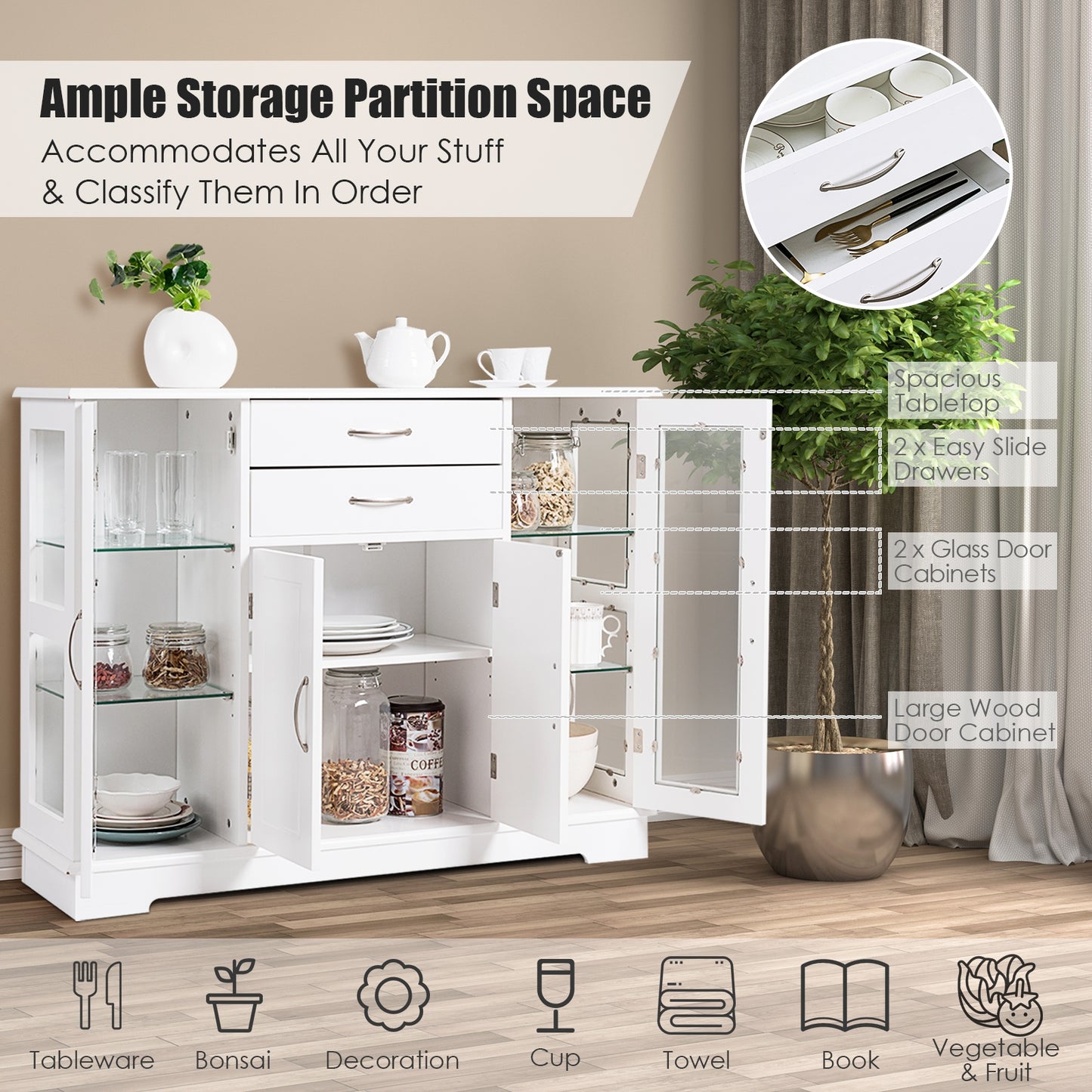Sideboard Buffet Server Storage Cabinet with 2 Drawers and Glass Doors-White (Fully Assembled)