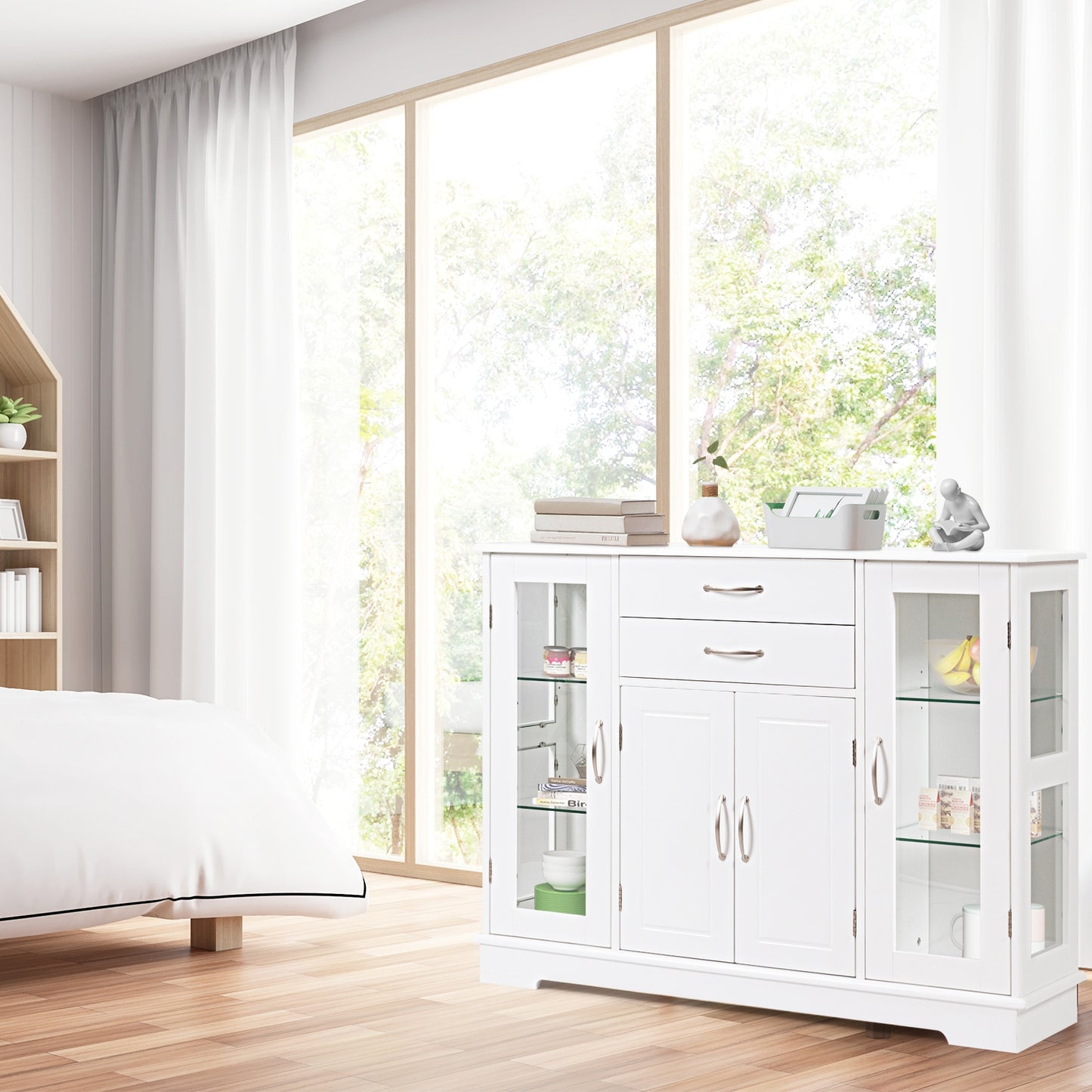 Sideboard Buffet Server Storage Cabinet with 2 Drawers and Glass Doors-White (Fully Assembled)